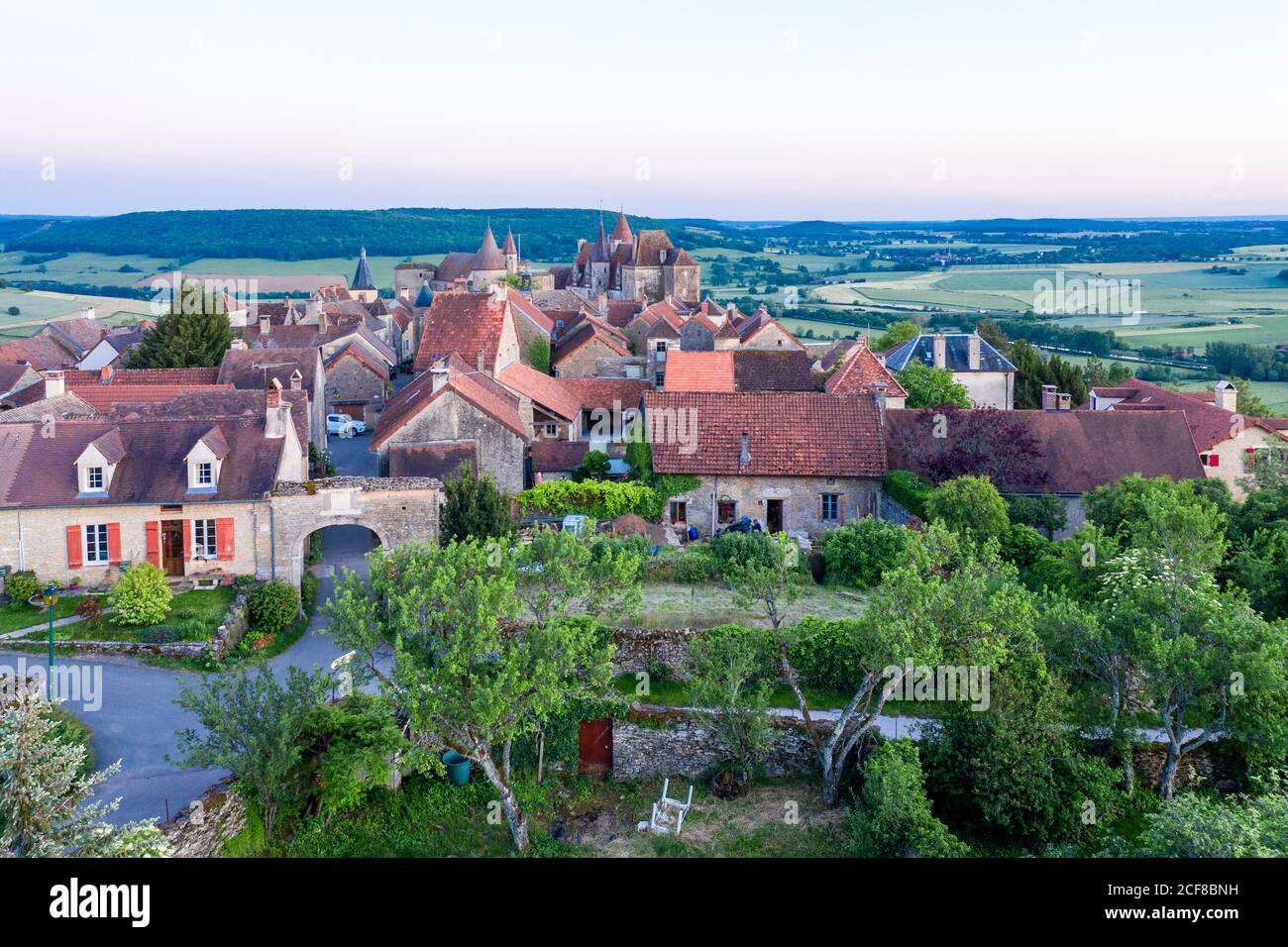 France, Cote d'Or, Chateauneuf, labelled Les Plus Beaux Villages de France (The Most Beautiful Villages of France), general view of the viilage (aeria Stock Photo