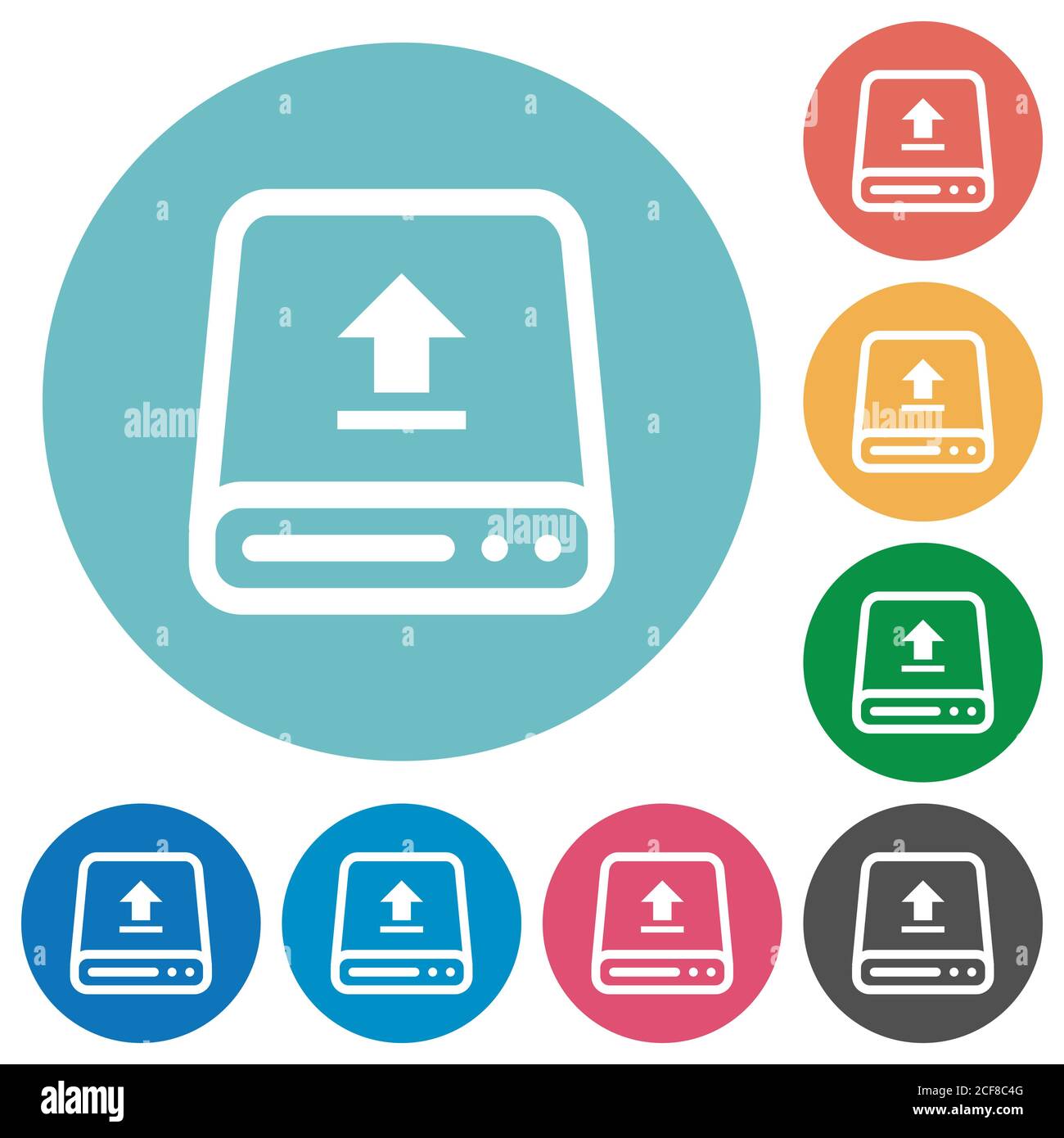 Upload from hard drive flat white icons on round color backgrounds ...