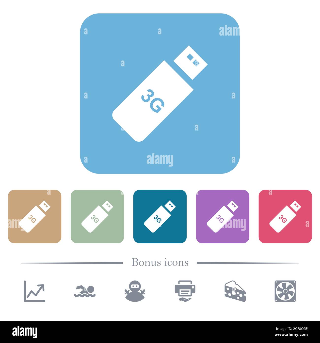 Third generation mobile stick white flat icons on color rounded square ...