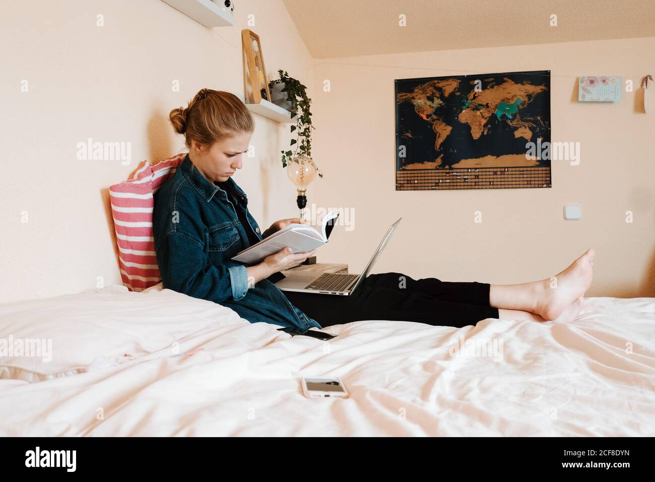 Serious pensive female student in casual clothes reading textbook with interest while sitting with legs crossed on bed and using laptop against modern interior of light cozy apartment Stock Photo
