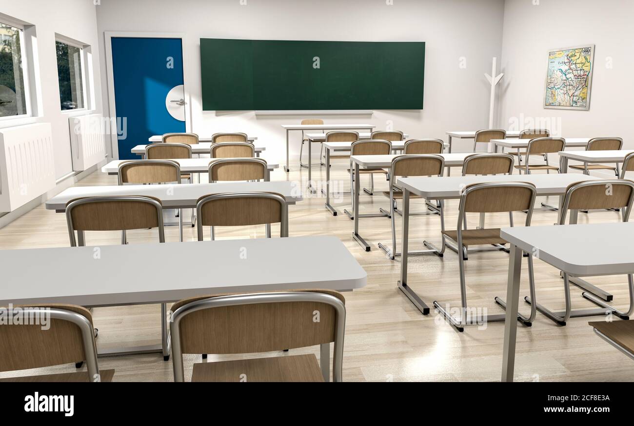 back to school empty classroom 3D rendering Stock Photo