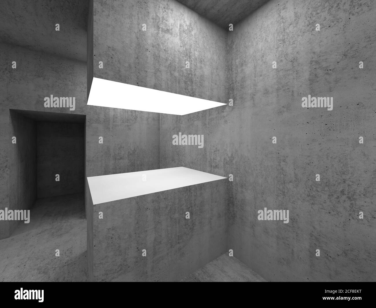 Illuminated blank white exhibition stand, empty concrete showroom interior. 3d rendering illustration Stock Photo