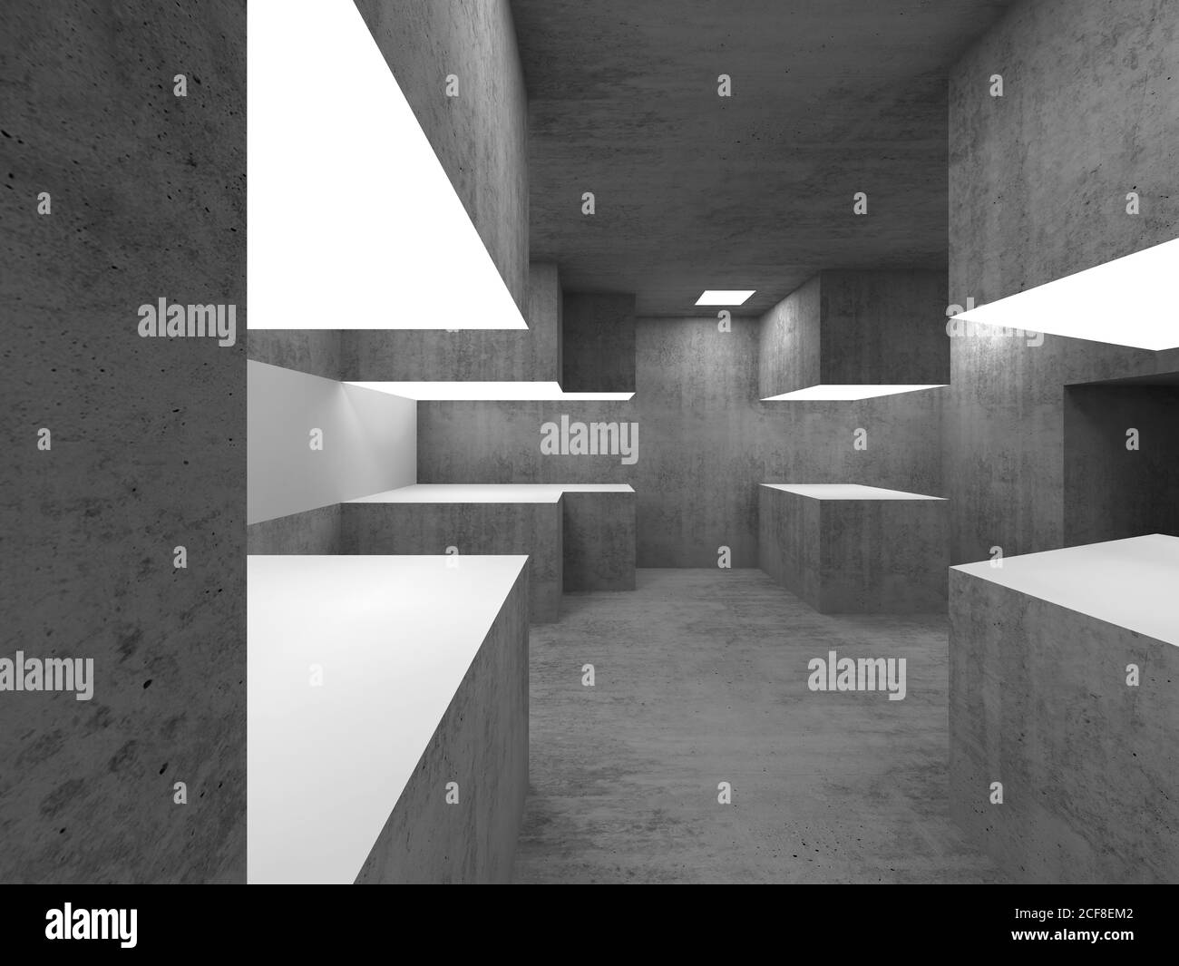 Empty concrete showroom interior with illuminated blank white exhibition stands. 3d rendering illustration Stock Photo