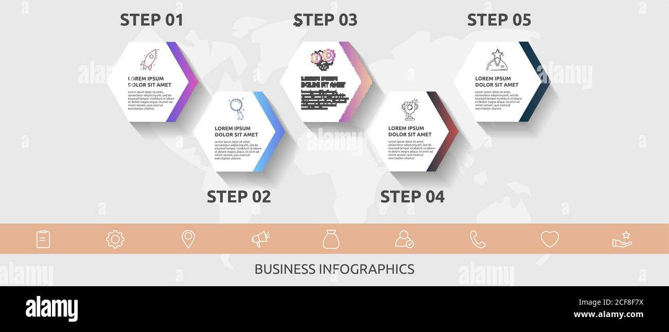 Vector business infographics. Timeline modern with 5 hexagons, arrows. Used for web design, graph, diagrams, slideshow Stock Vector