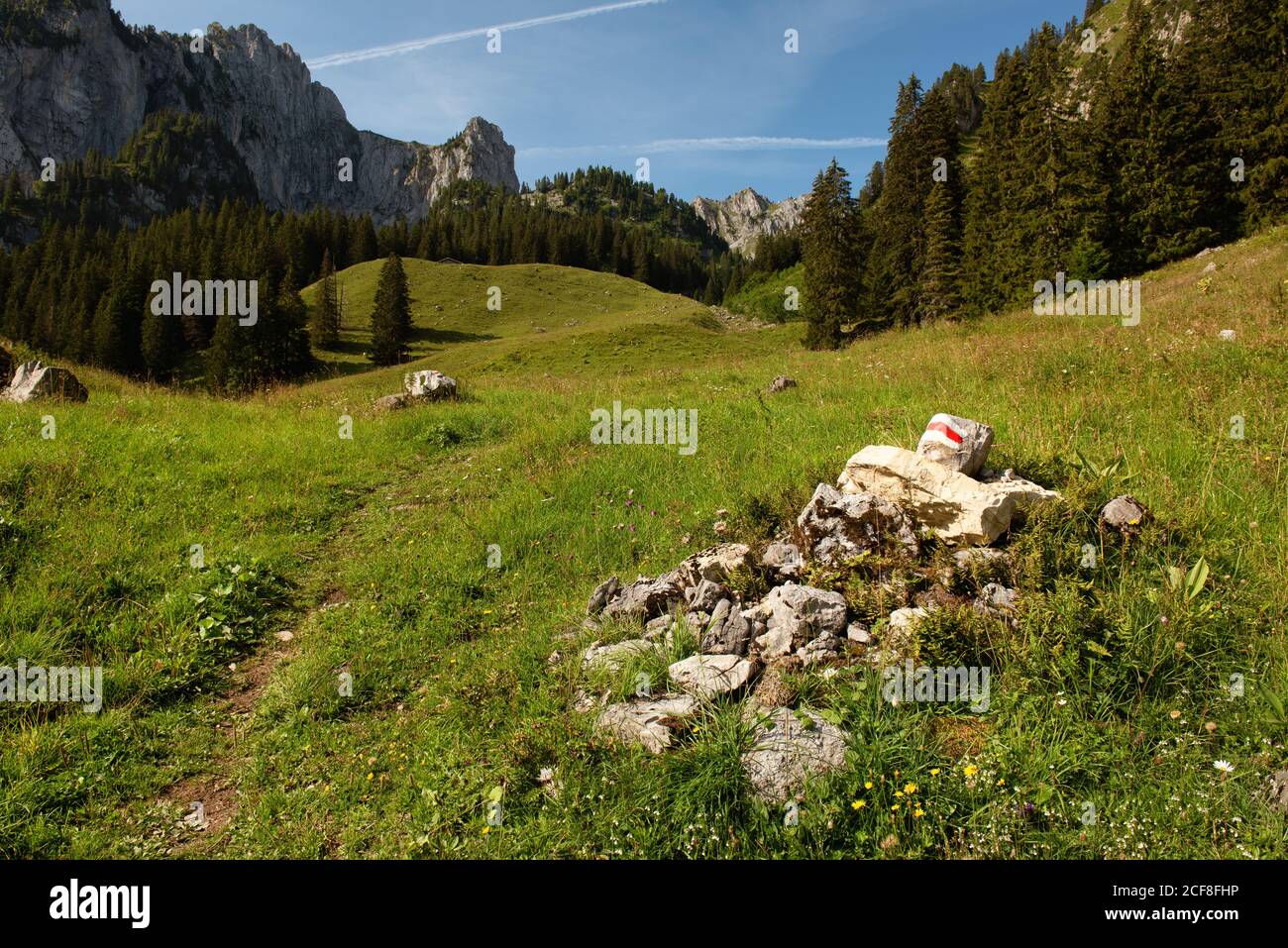 Red trail mark on the stones in Gruyere region, Switzerland Stock Photo