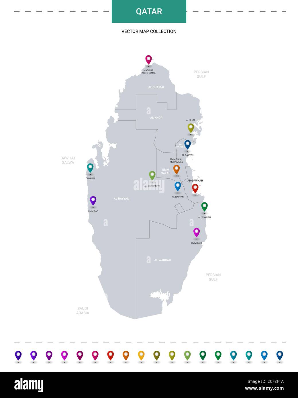 Qatar map with location pointer marks. Infographic vector template, isolated on white background