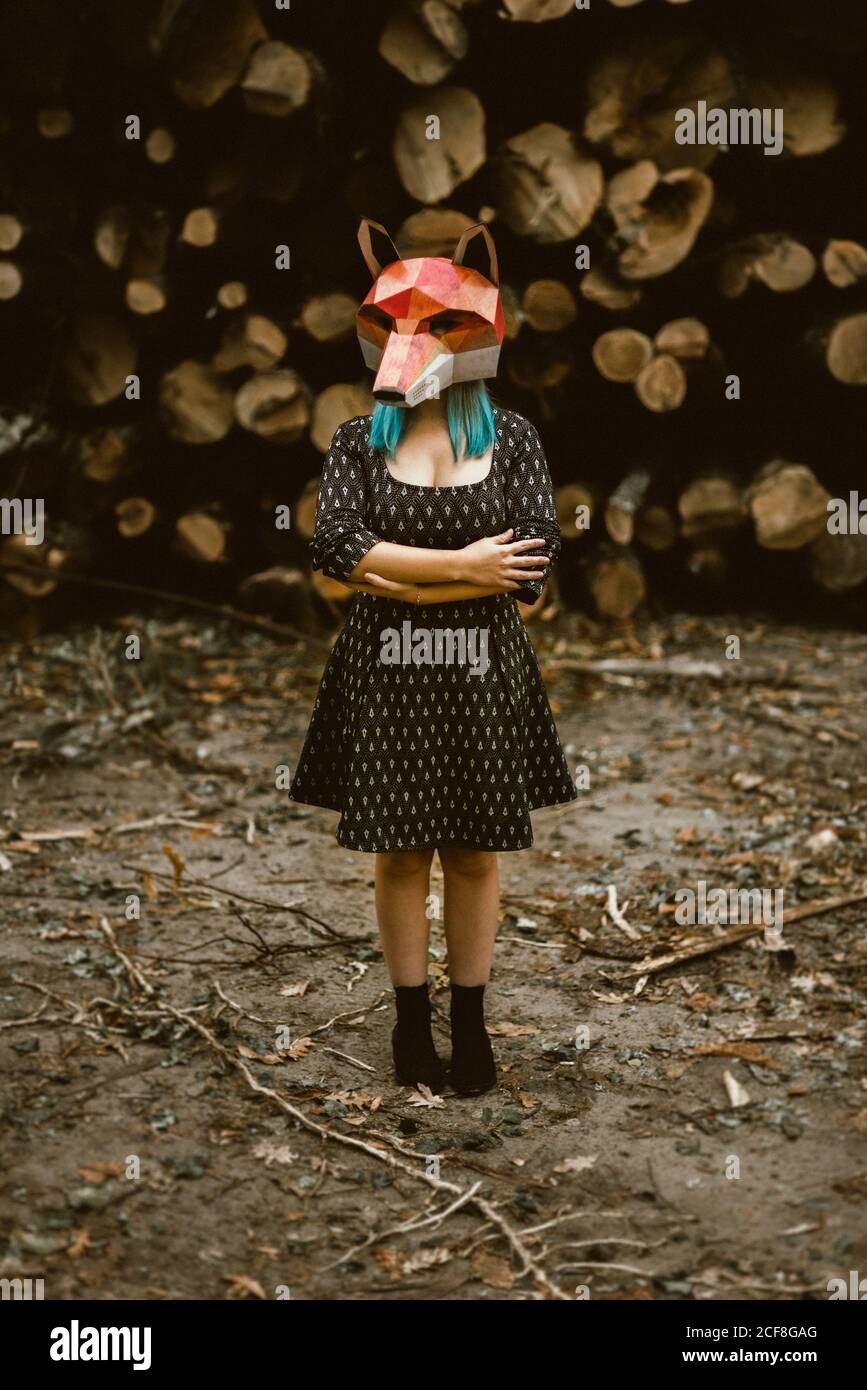 Anonymous female in paper fox mask covering full head looking away and standing with crossed arms on background with stack of logs. Concept of negative human impact on wildlife habitat Stock Photo