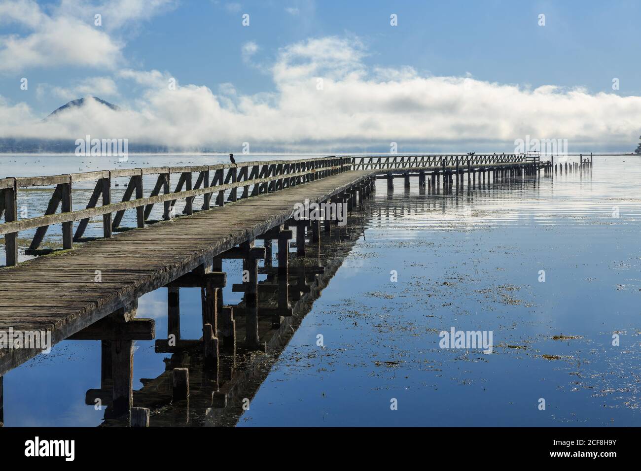 The historic old Tokaanu Wharf on Lake Taupo, New Zealand, stretching far out into the lake's tranquil waters Stock Photo