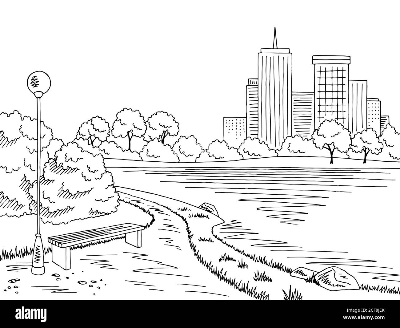 Park lake graphic black white landscape sketch illustration vector Stock Vector
