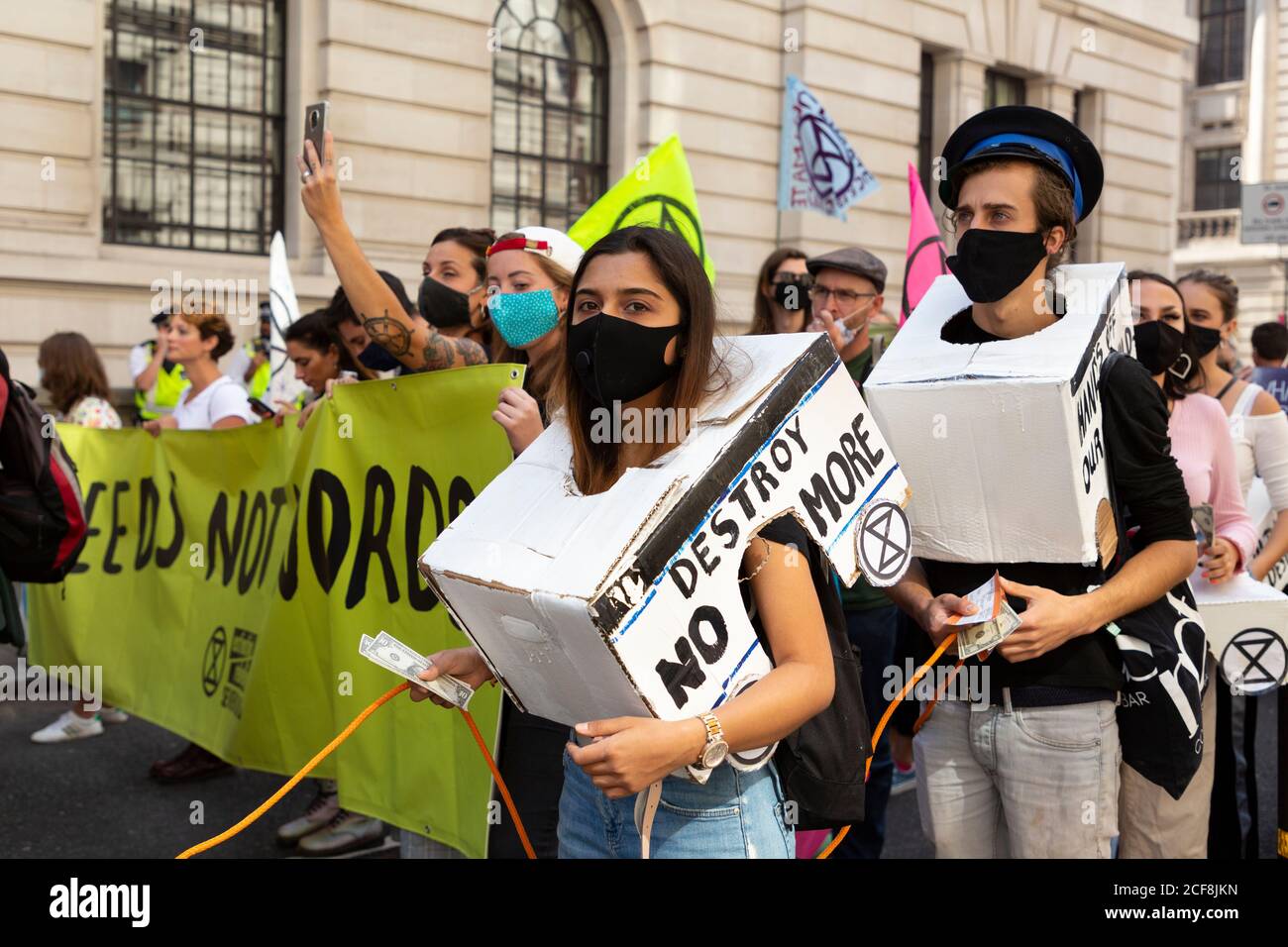 Protesters at a march during a march, Extinction Rebellion demonstration, London, 1 September 2020 Stock Photo