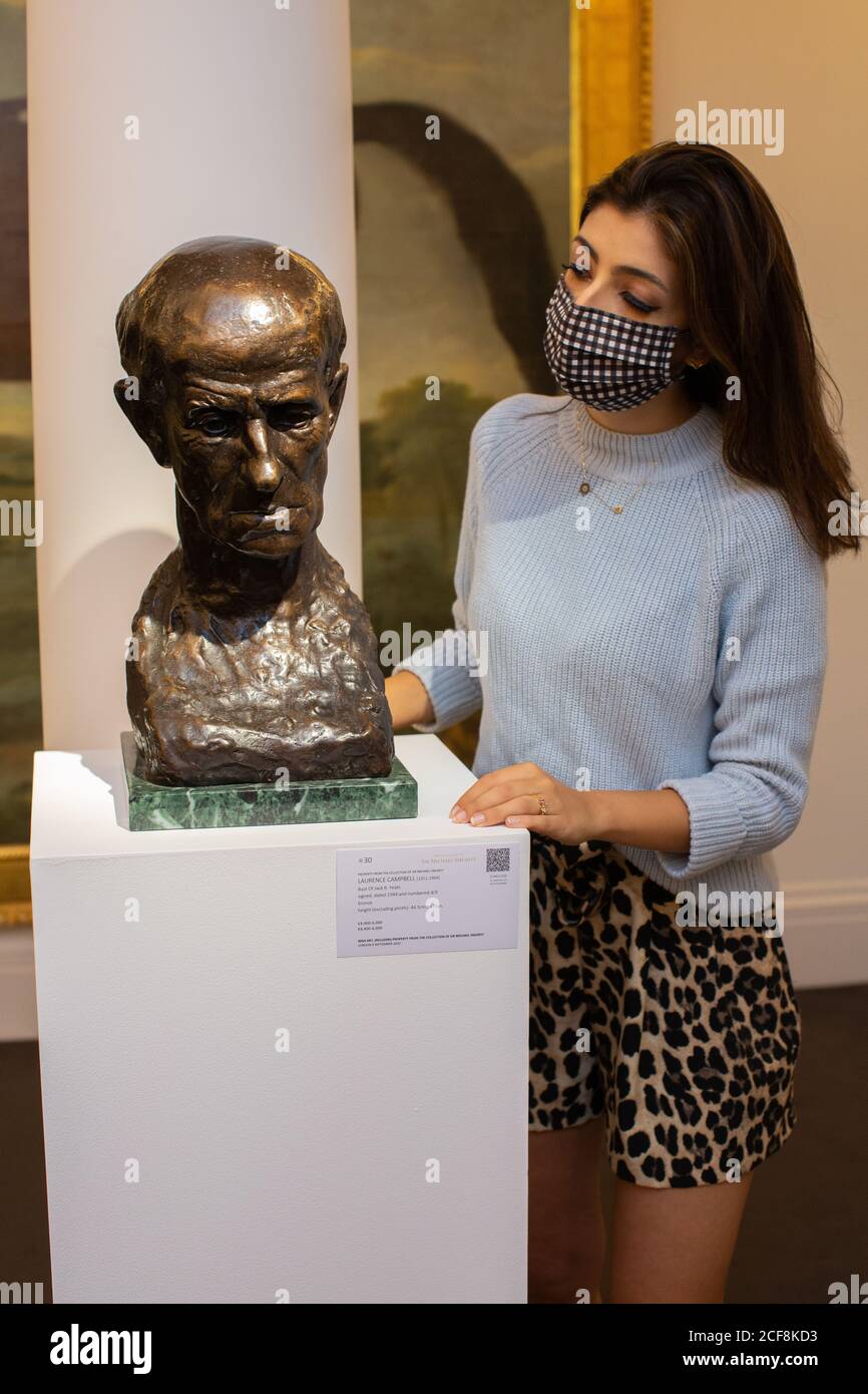 London, UK, September 4, 2020: Sotheby’s annual Irish Art sale is expected to bring around £3.2 million. It includes Laurence Campbell’s bust of Jack B. Yeats est. £4-6,000 Credit: Andy Sillett/Alamy Live News Stock Photo