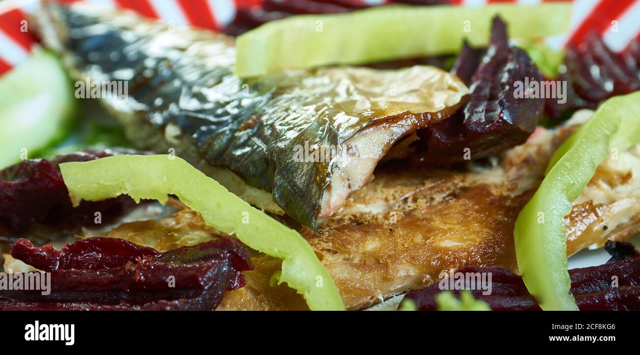 Pan fried mackerel fillets with beetroot close up Stock Photo Alamy