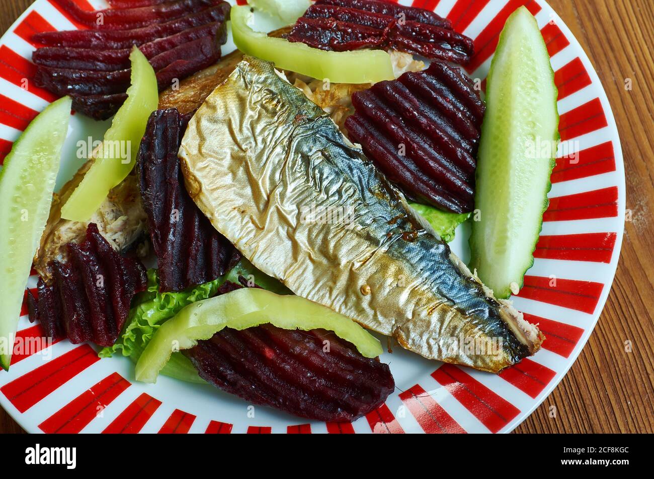 Pan fried mackerel fillets with beetroot close up Stock Photo Alamy