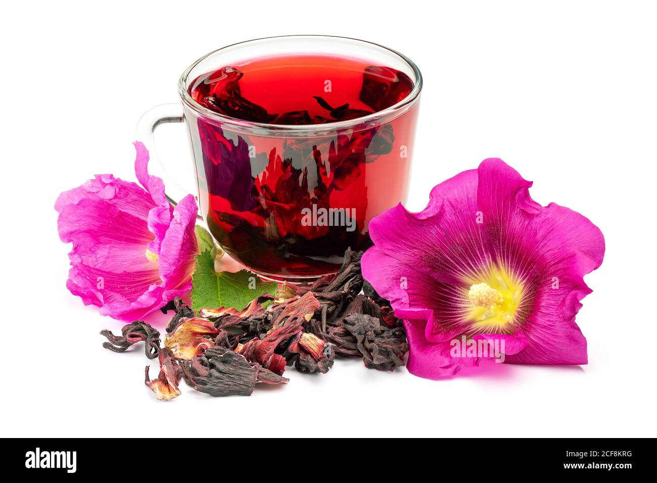 Hibiscus or mallow herbal tea. Hibiscus tea, flower and dry blossom isolated on white background. Stock Photo