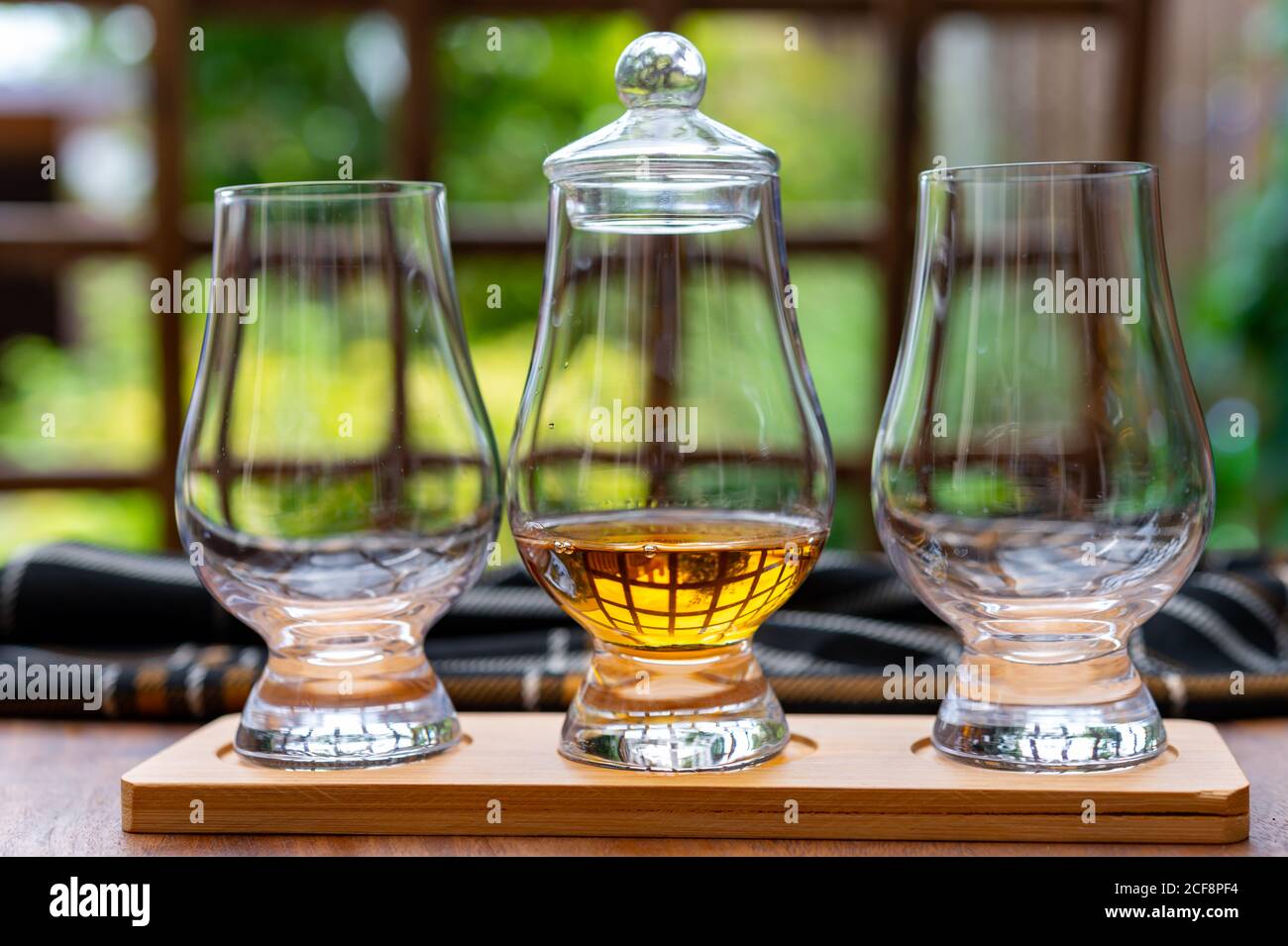 Tasting of different Scotch whisky drinks in traditional old British ...