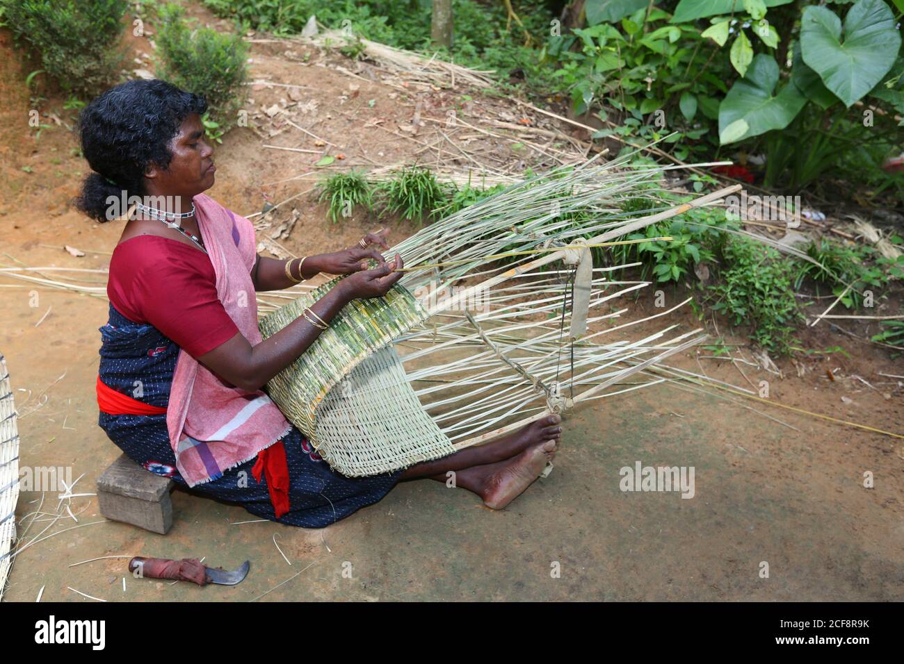 PANIYAN TRIBE -Tribal Woman Making Bamboo Fishing Trap, Chulliyod Village, Vannathara Colony, Kerala, India Stock Photo