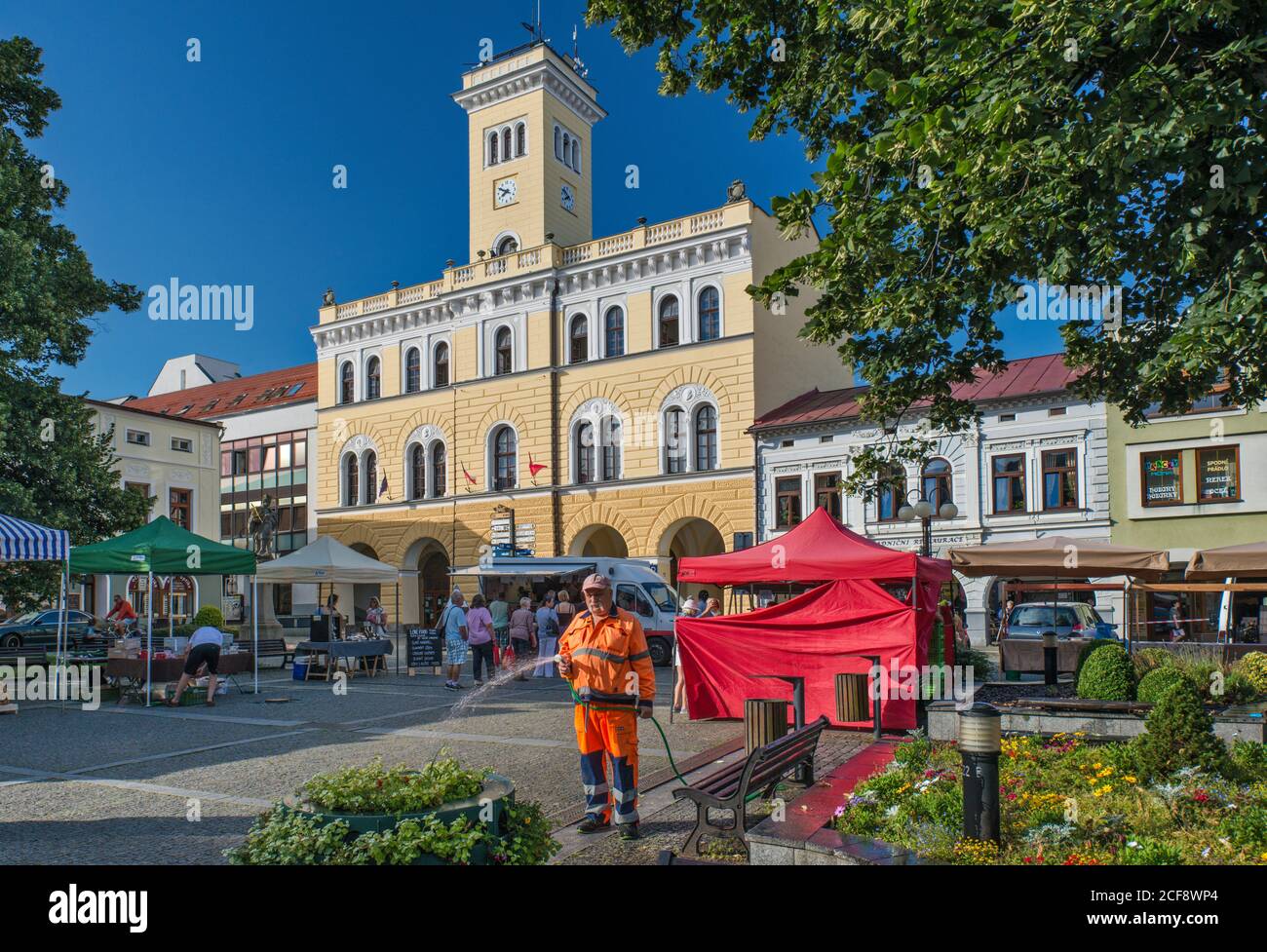 Street market at namesti Miru, town square in Frenštát pod Radhoštěm, Moravian-Silesian Region, Moravia, Czech Republic Stock Photo