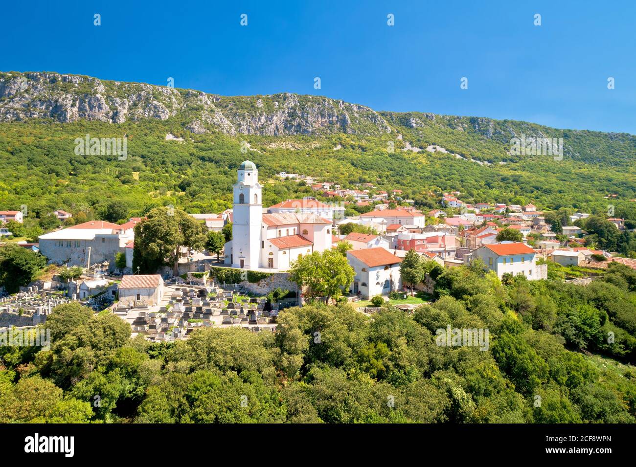 Historic town of Bribir and Vinodol valley cliffs aerial view, Kvarner region of Croatia Stock Photo