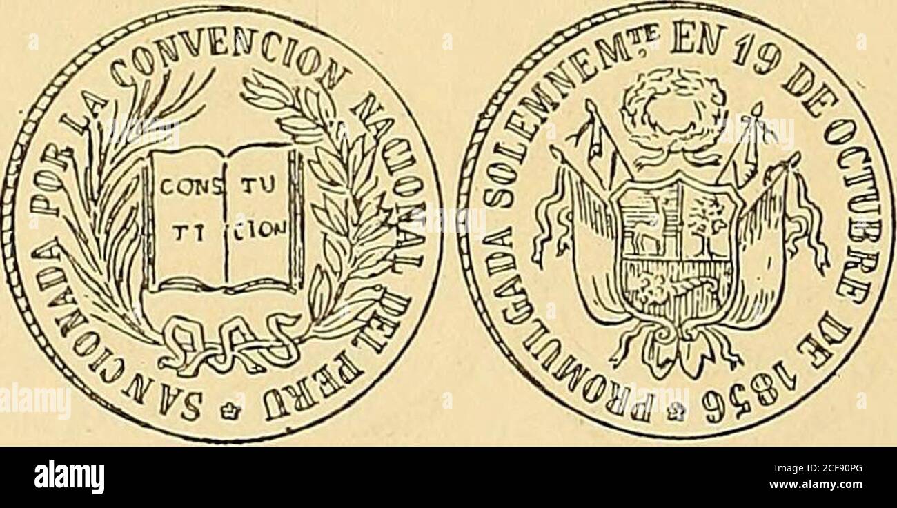 Monetario americano (ilustrado) clasificado. N 1410—Anverso Leyenda Códigos  del Perú Promulgados el28 J) Julio J) 1852. En el campo: Un libro cerrado  conla inscripción: Civil en el lomo y otro abierto