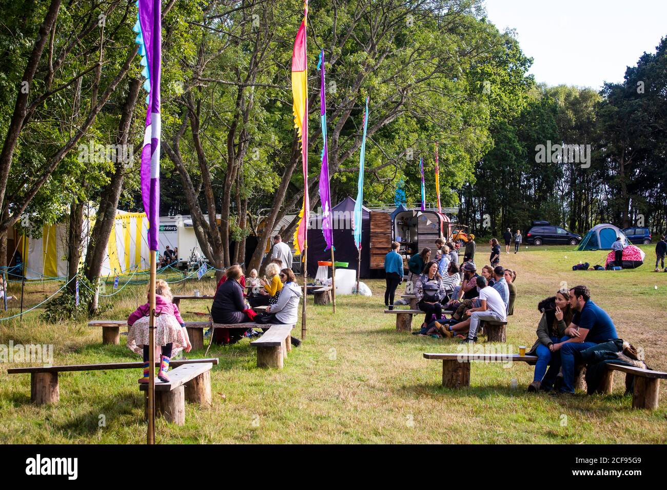 Socially distanced seating area at We Are Not a Festival socially distanced event in Pippingford Park - camping with a festival vibe Stock Photo