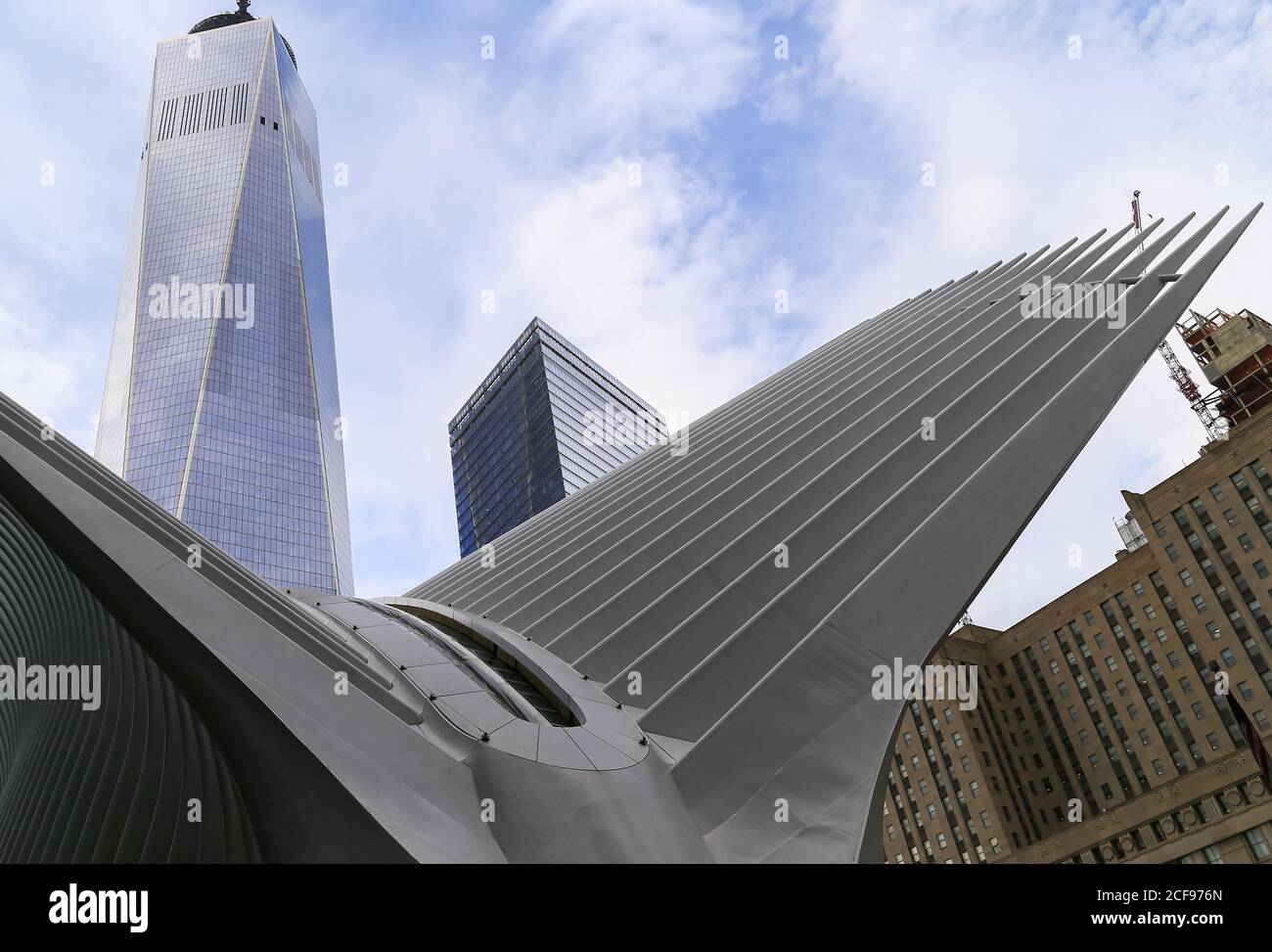 New York City, USA - October 7, 2019: The Oculus Mall outside in Manhattan. The Freedom Tower can be seen in the background. Stock Photo