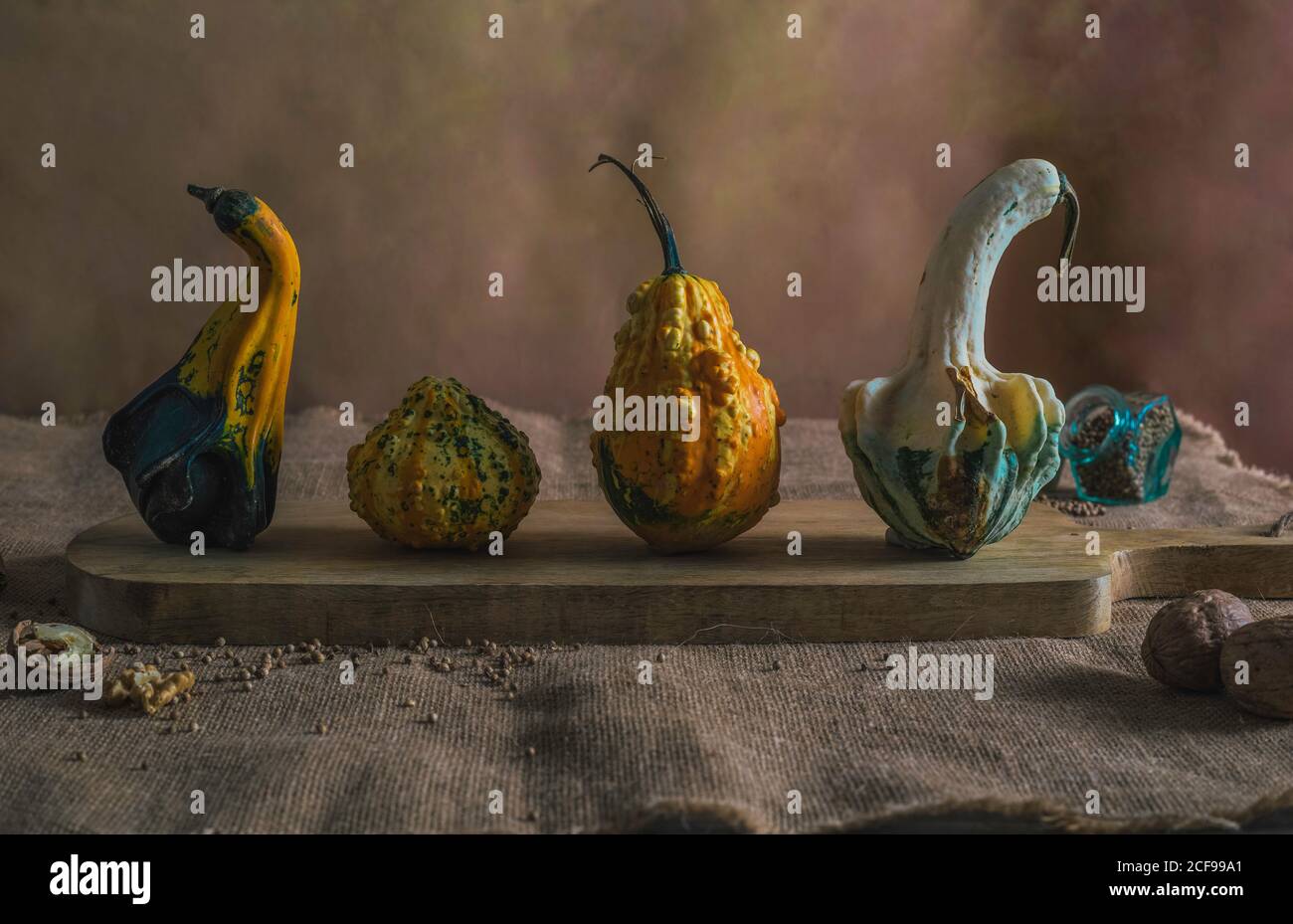 Small different pumpkins with condiments Stock Photo