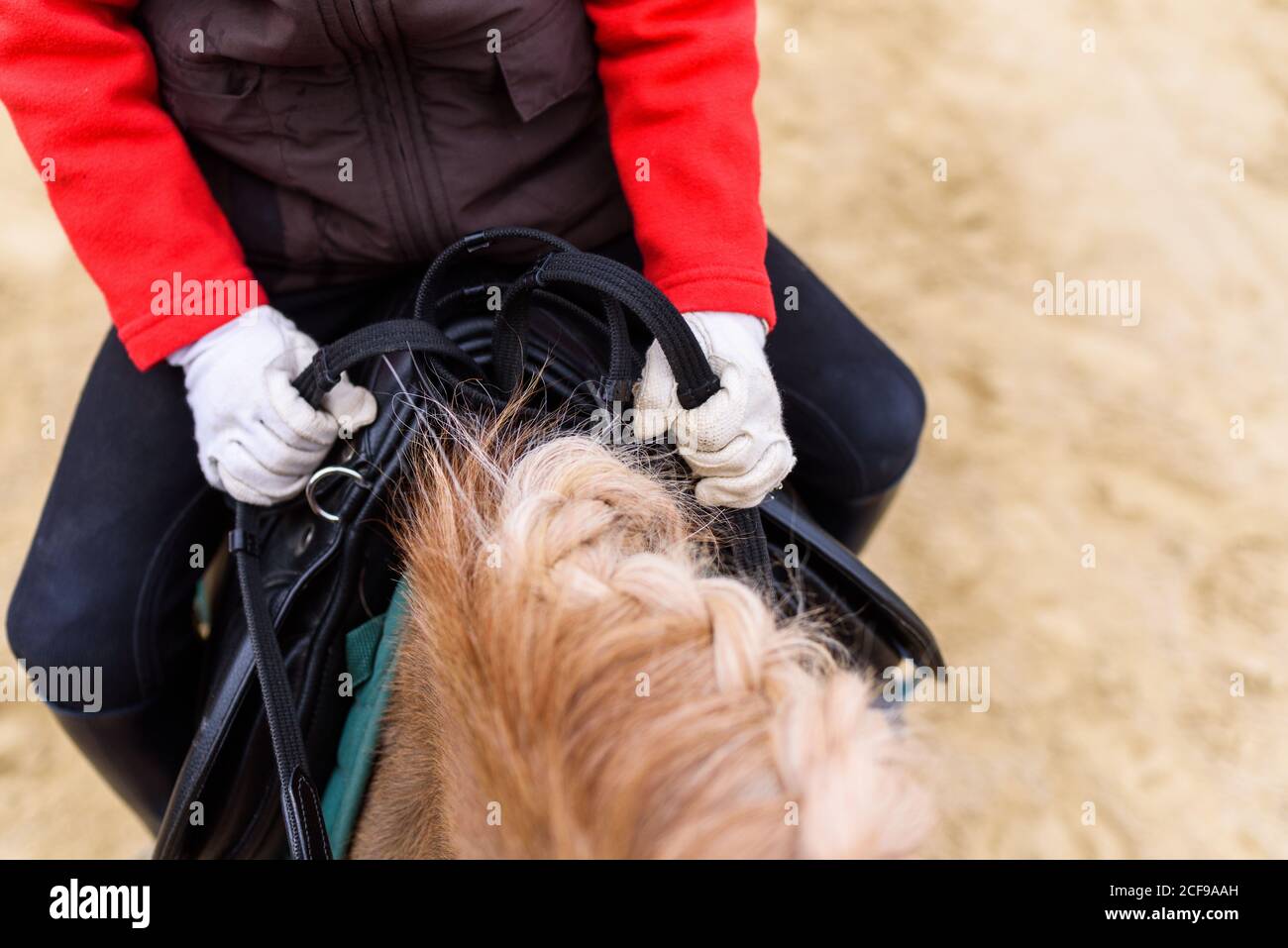 From above anonymous little jockey grasping reins and riding pony with braided man on sandy ground of paddock Stock Photo