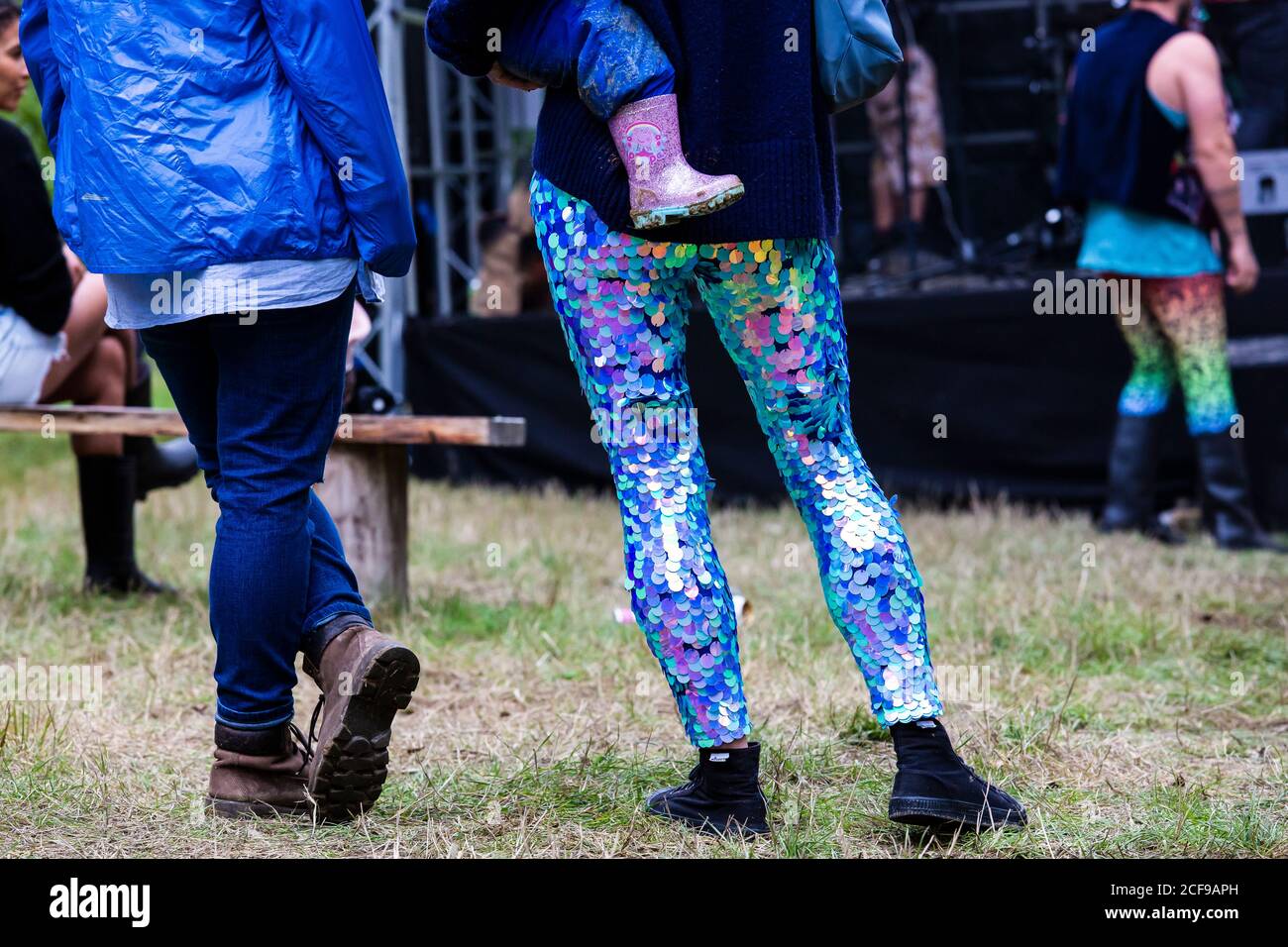 Blue sequin leggings at We Are Not a Festival socially distanced event in Pippingford Park - camping with a festival vibe Stock Photo