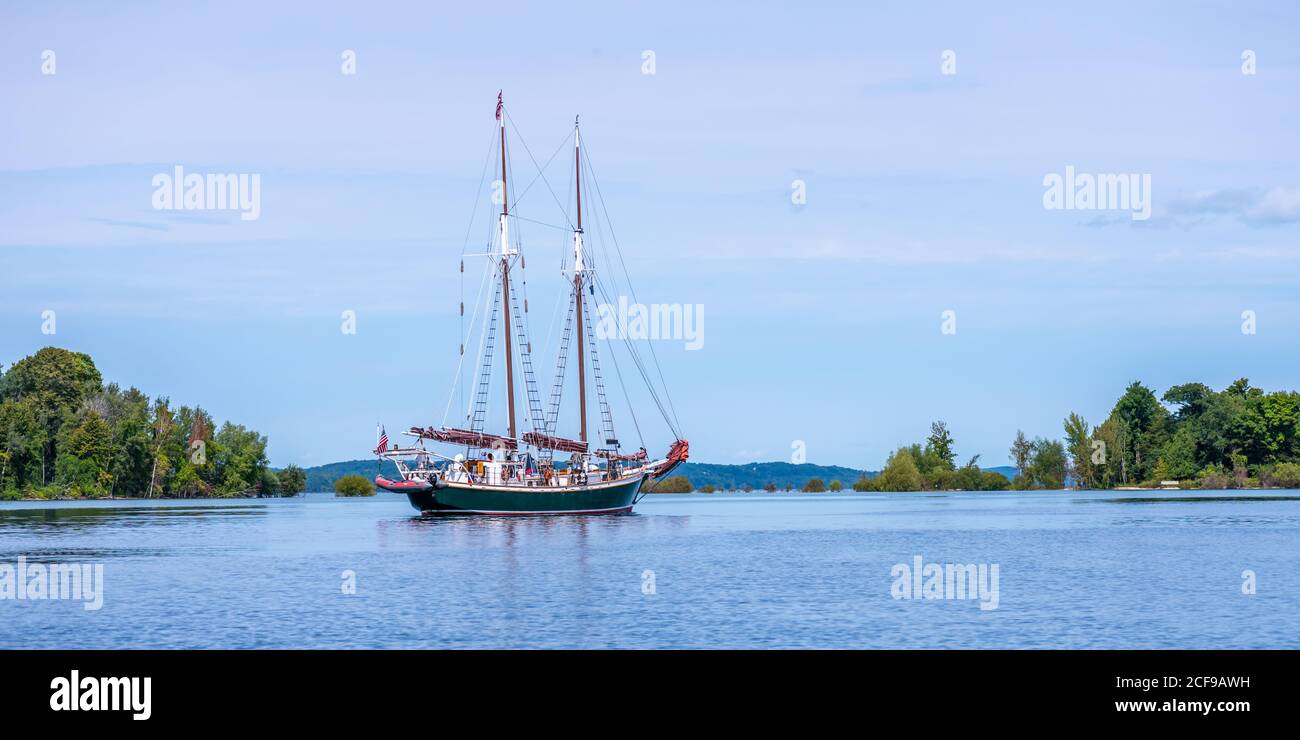 The Inland Seas, a 77 foot long schooner built for learning about the Great Lakes ecosystem in Grand Traverse Bay. The ship is operated by Inland Seas Stock Photo