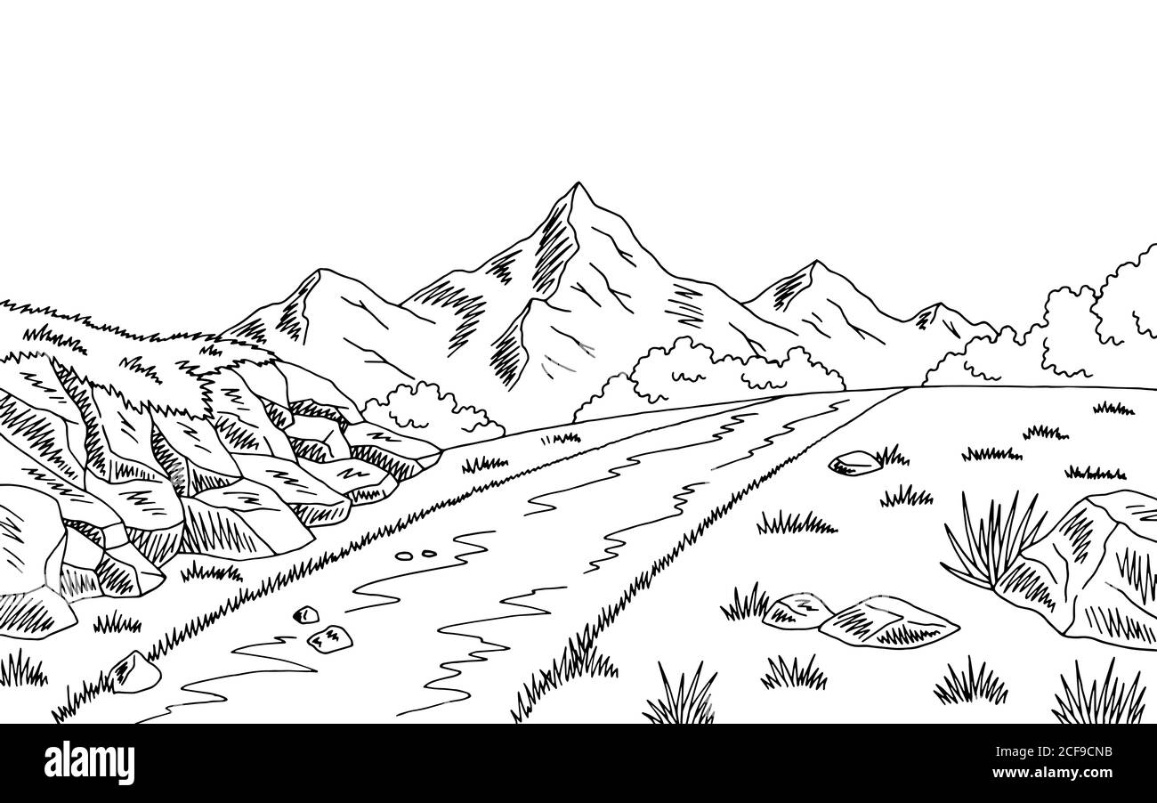 Mountain road graphic black white landscape sketch illustration vector Stock Vector