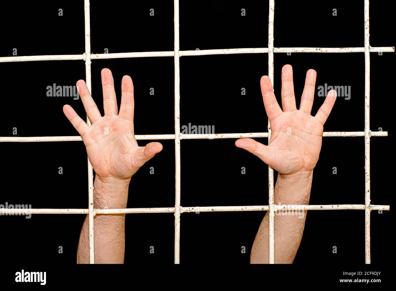 The concept of restrictions in the era of the quarantine pandemic. Human hands stretched through an iron grate. Stock Photo