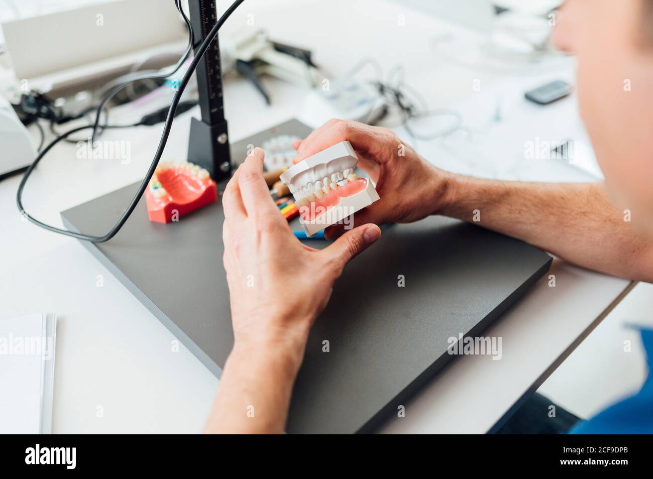 From above crop male student hands holding denture and paste while sitting at table during dentistry class Stock Photo