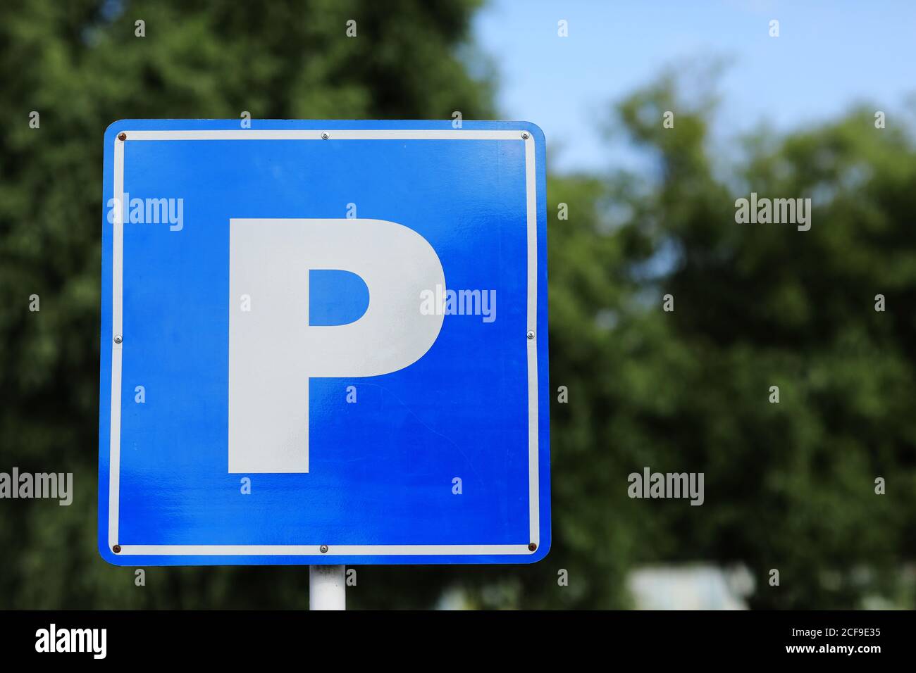 European Parking Sign On Roadside. parking sign. place for text Stock