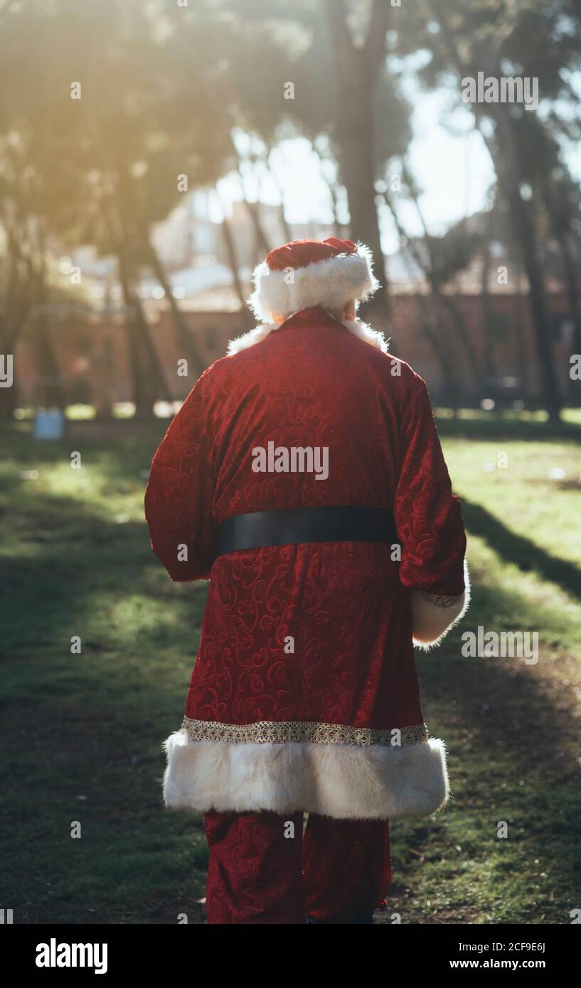 Back view of unrecognizable senior man in costume of Santa Claus walking in nature green park Stock Photo
