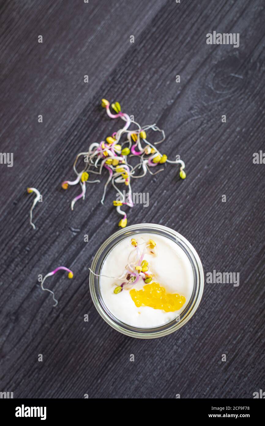 Mousse of goat cheese caramelized onion and extra virgin olive oil caviar Stock Photo