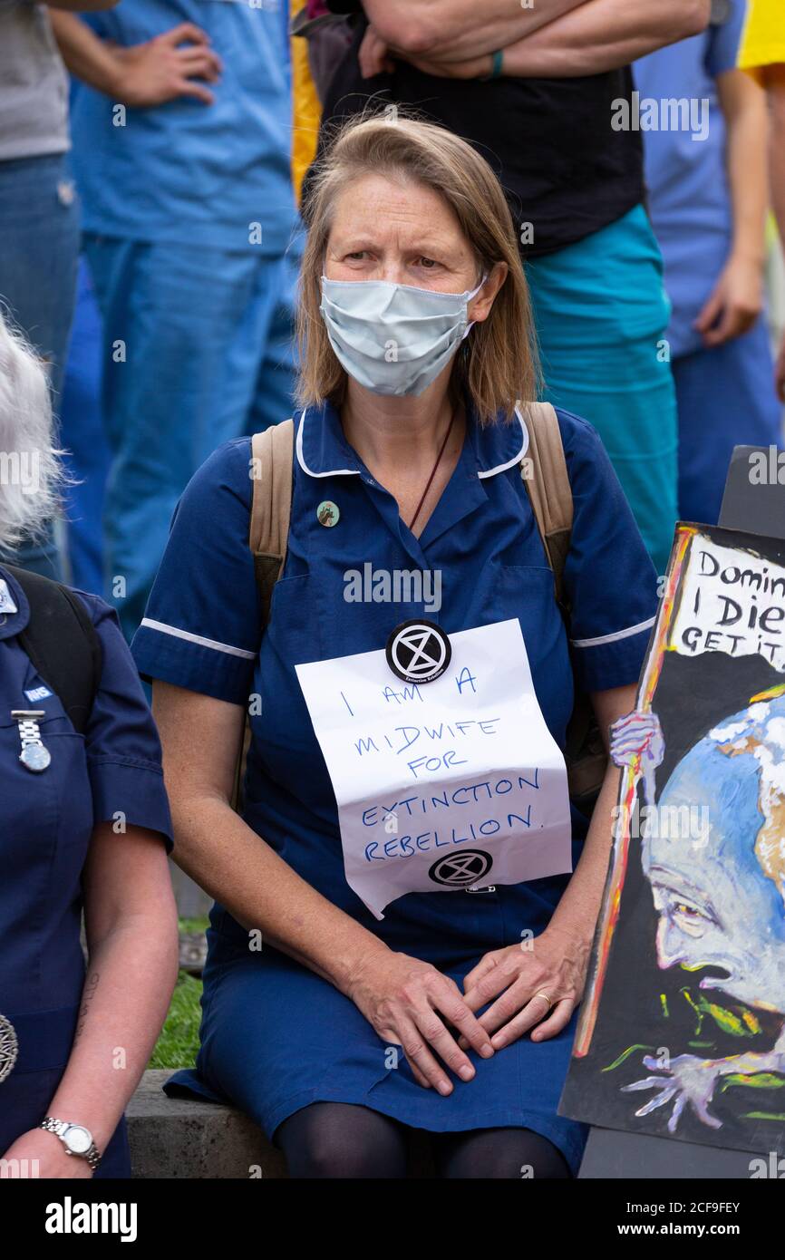 'Climate Corpses' doctor's for Extinction Rebellion demonstration, Parliament Square, London, 2 September 2020 Stock Photo