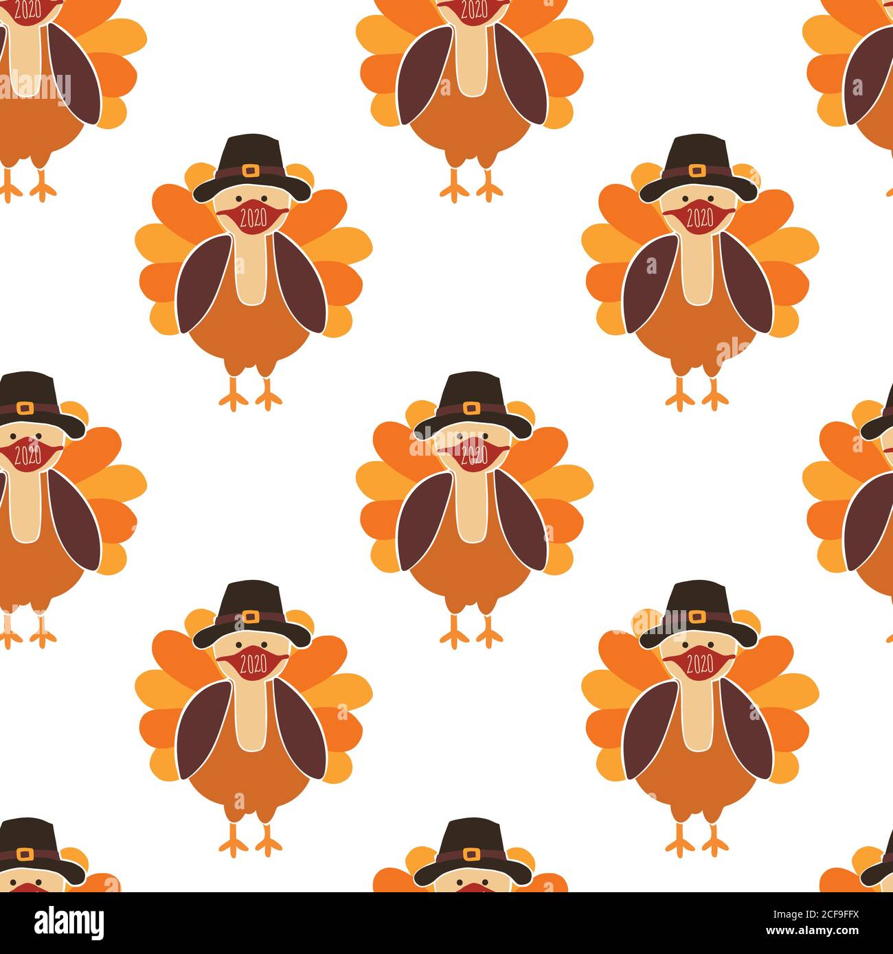 Corona Thanksgiving Turkey Seamless Vector Pattern. Turkeys wearing face masks. Covid 19 virus autumn background. For Holiday 2020 decoration, fabric Stock Vector