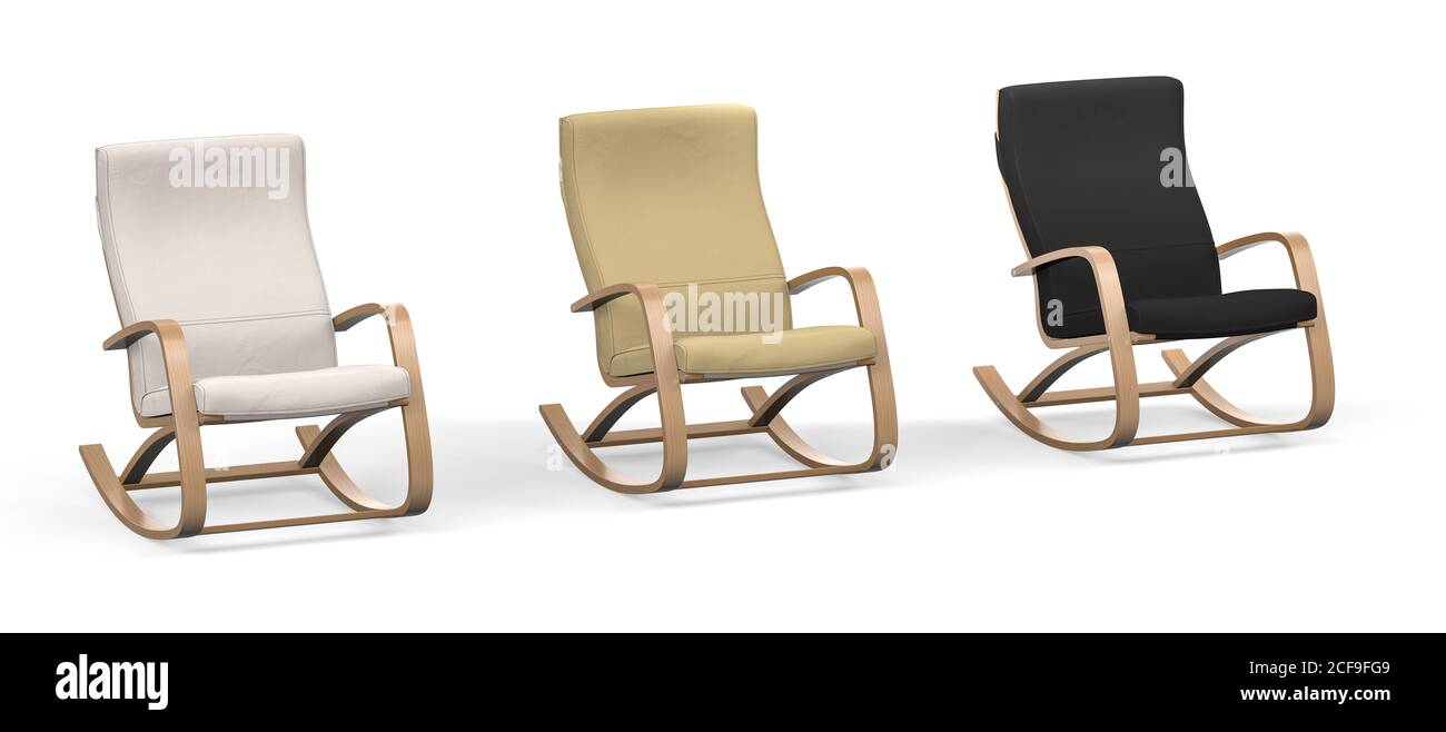 Three rocking chairs in black, beige and ecru on a white background ...