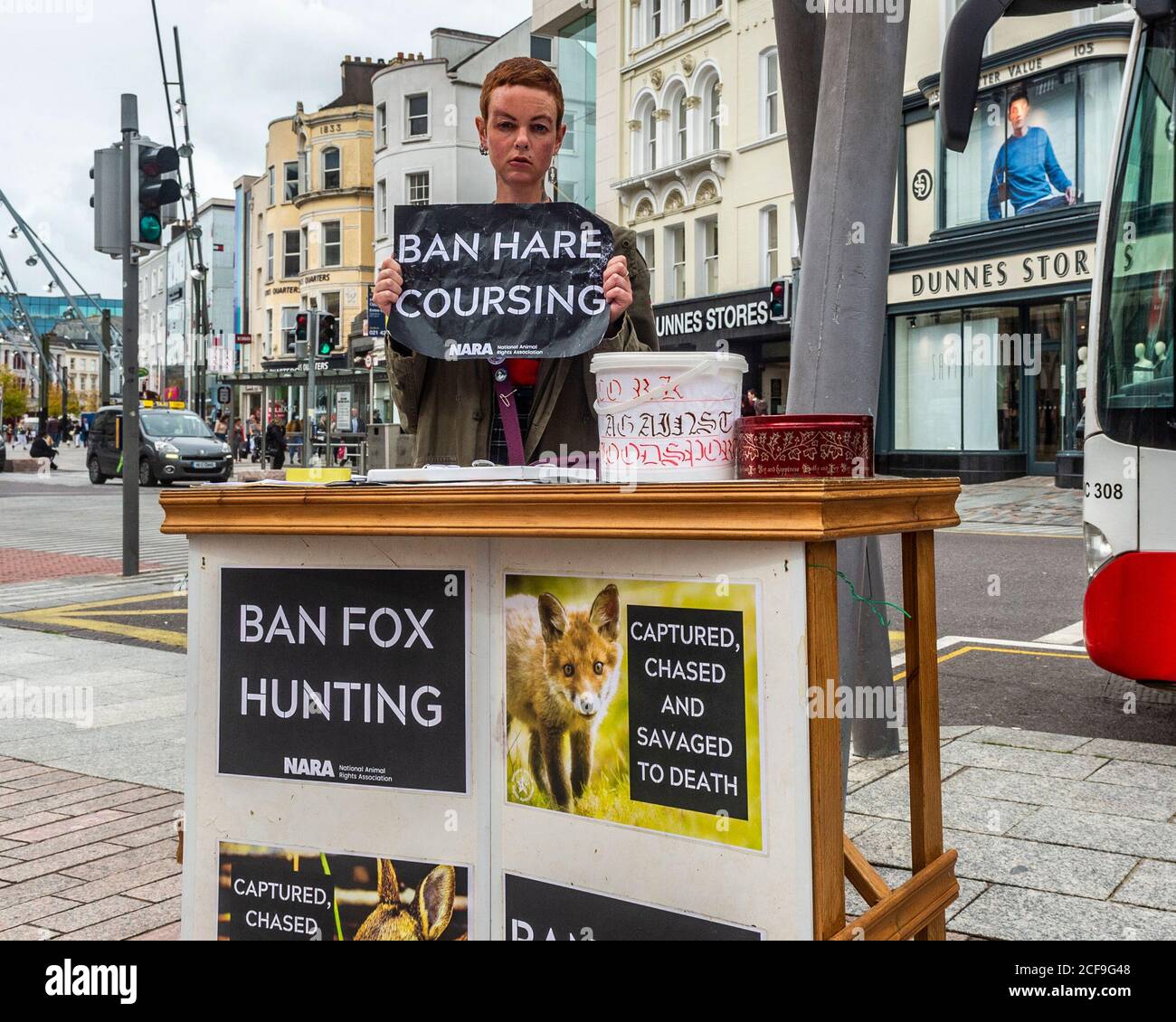 Cork, Ireland. 4th Sep, 2020. Diane Keevans of the 'Cork Against Bloodsports' group stands at an information table on Patrick Street, Cork, this morning. Ms Keevans is highlighting the plight of foxes and hares and says fox hunting and hare coursing should be banned. Ms Keevans is in court in Limerick later this month for an alleged assault against a member of the hunt, a charge she denies. Credit: AG News/Alamy Live News Stock Photo