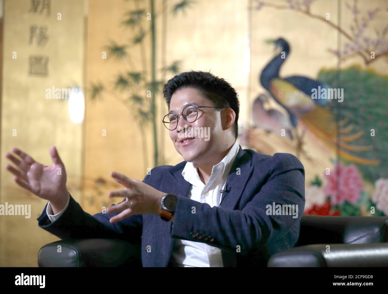 (200904) -- HONG KONG, Sept. 4, 2020 (Xinhua) -- Kenneth Fok Kai-kong, a newly-elected vice chairman of All-China Youth Federation, gestures during an interview with Xinhua on Aug. 31, 2020. TO GO WITH 'Interview: Kenneth Fok calls for more efforts to help Hong Kong youth tap Greater Bay Area opportunities' (Xinhua/Wu Xiaochu) Stock Photo