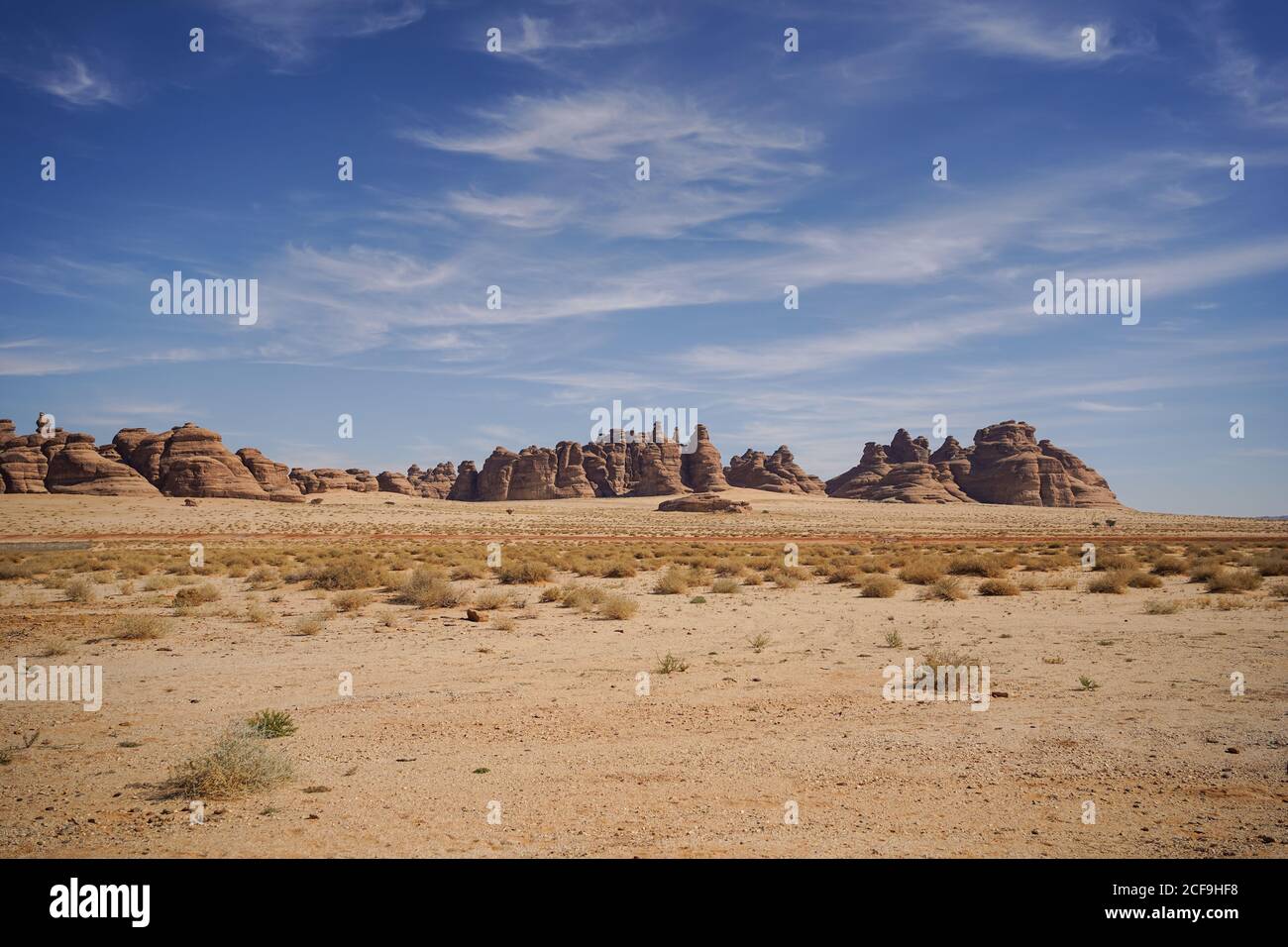 Picturesque scenery of sandstone rocks and peaks in desert in Saudi Arabia Stock Photo