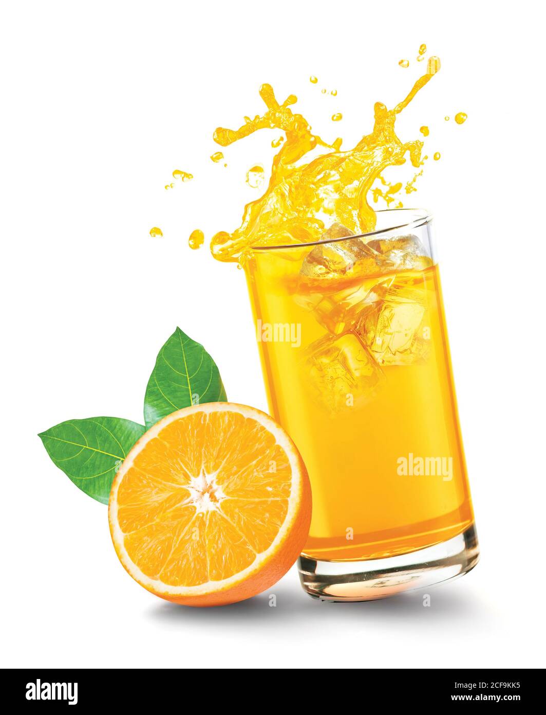 Splashing orange juice with ice cubes and fruits Stock Photo