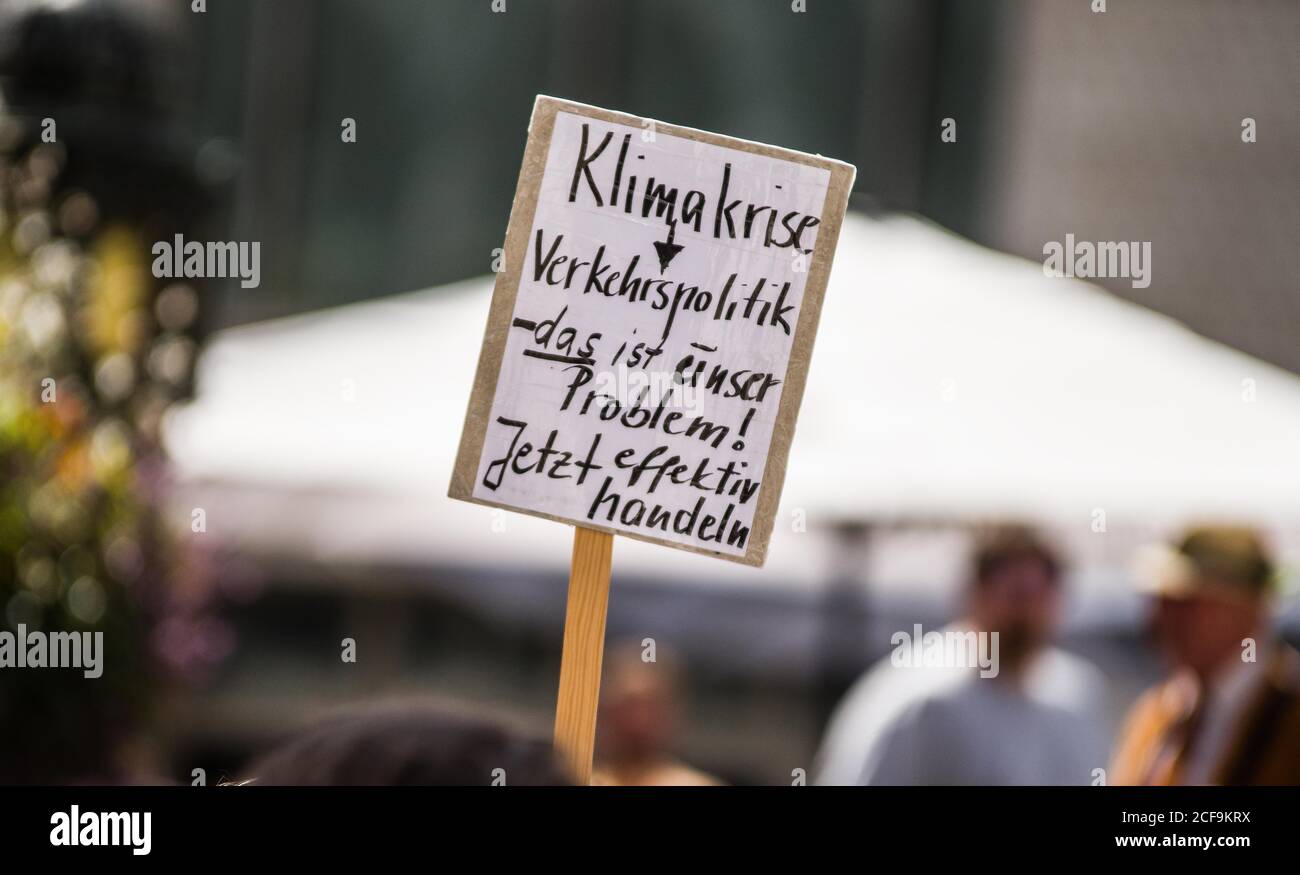 Munich, Bavaria, Germany. 4th Sep, 2020. A sign indicating Verkehrspolitik (transit policy) as a source of the climate crisis. After a long hiatus due to the Coronavirus crisis, Fridays for Future returned to the streets of Munich to stage smaller demos to build back up to the global climate strike in three weeks. Among the topics the group brought attention to were solar energy and the Mercosur arrangement with the EU. Fridays for Future originated with Greta Thunberg, a 15 year old Swedish student who protested in front of the Swedish Parliament demanding action against climate change Stock Photo