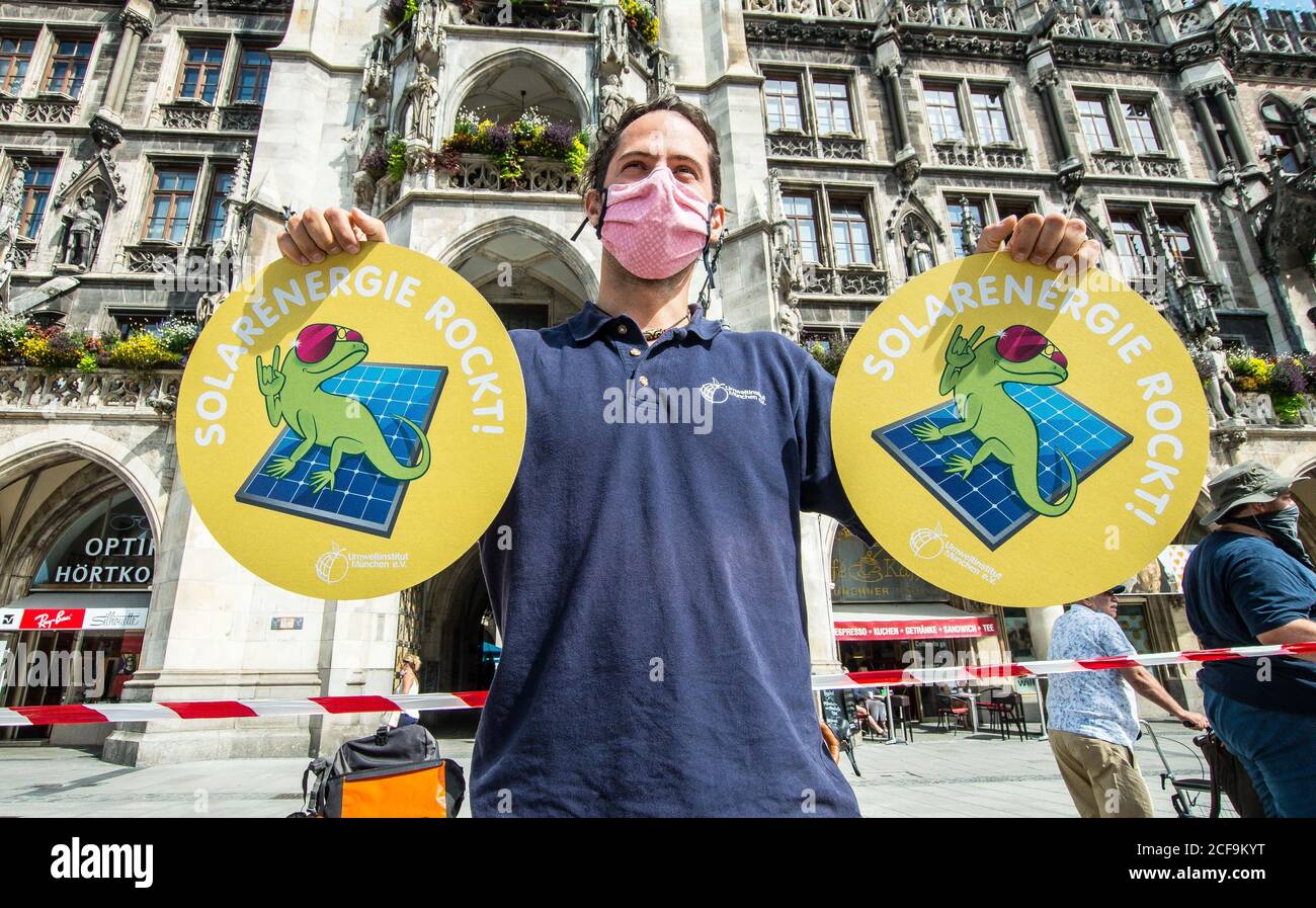 Munich, Bavaria, Germany. 4th Sep, 2020. After a long hiatus A Fridays for Future demonstrator holds pro solar energy signs in Munich, Germany. due to the Coronavirus crisis, Fridays for Future returned to the streets of Munich to stage smaller demos to build back up to the global climate strike in three weeks. Among the topics the group brought attention to were solar energy and the Mercosur arrangement with the EU. Fridays for Future originated with Greta Thunberg, a 15 year old Swedish student who protested in front of the Swedish Parliament demanding action against climate change. Stock Photo