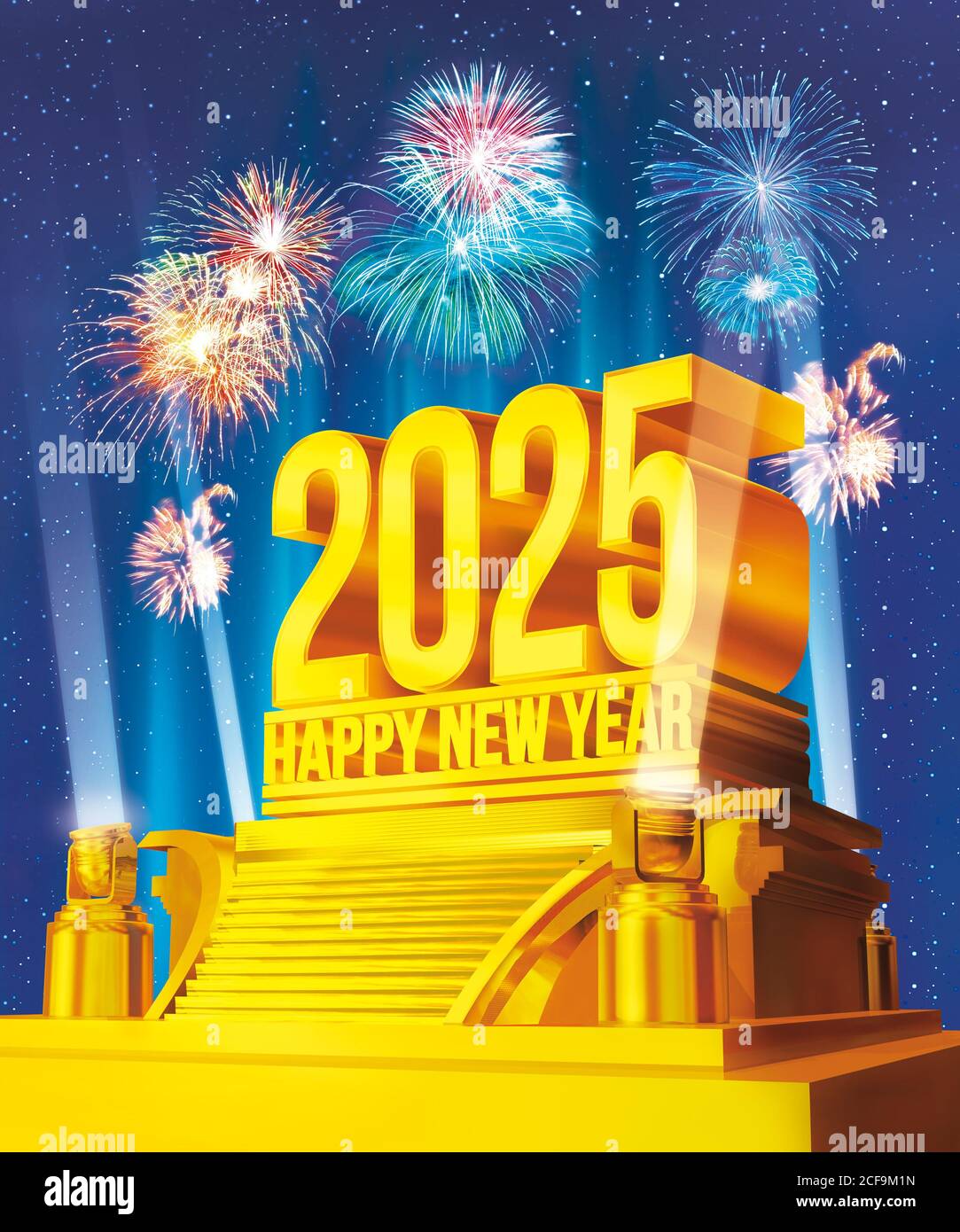 Golden Happy New Year 2025 (3d rendering) on a platform against starry