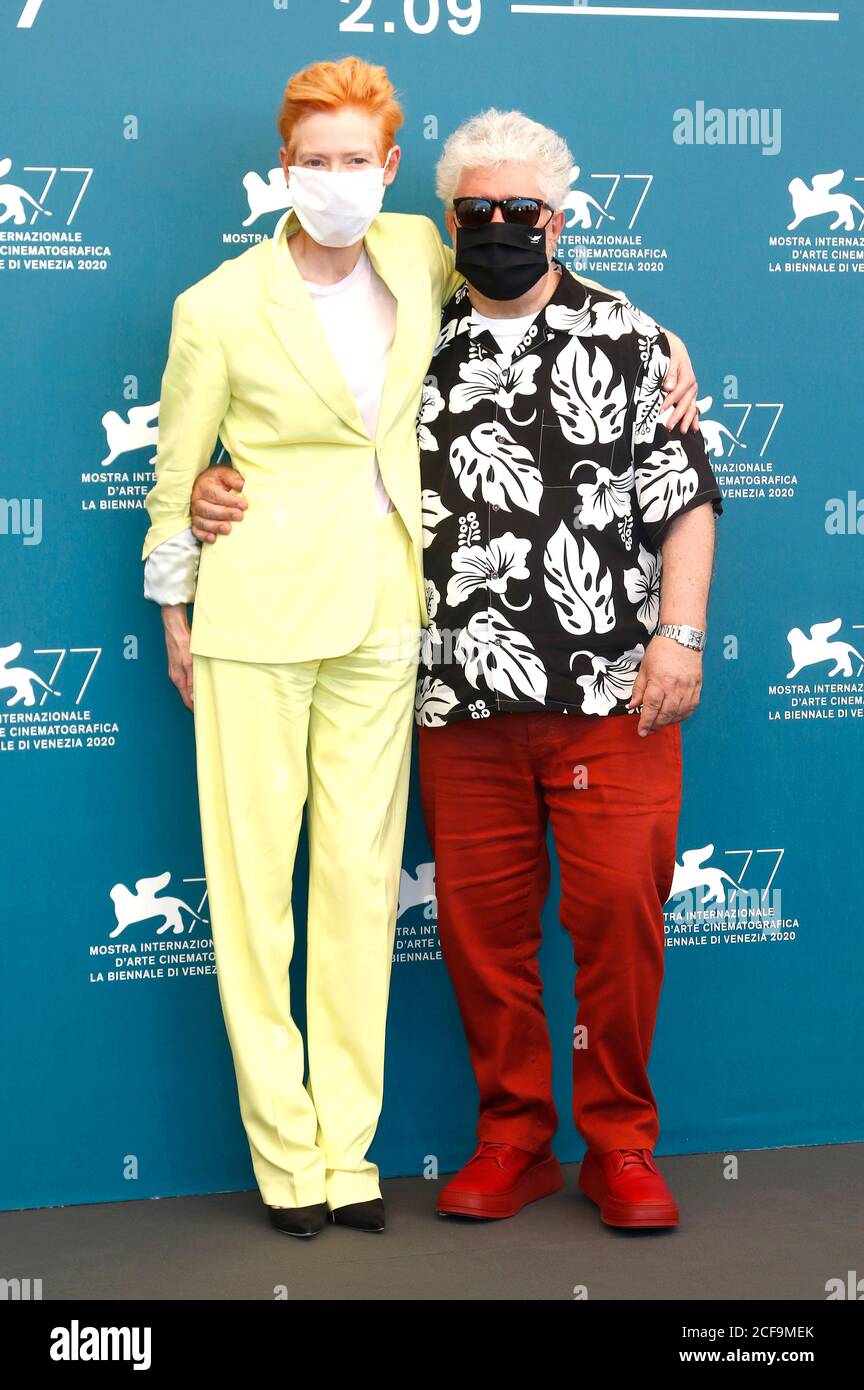 Venice, Italy. 03rd Sep, 2020. Tilda Swinton and Pedro Almodovar attending the photocall of the movie 'The Human Voice' at the 77th Venice Film Festival on September 3, 2020 in Venice, Italy Credit: Geisler-Fotopress GmbH/Alamy Live News Stock Photo