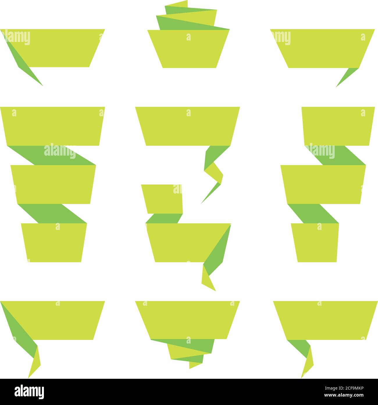 Folded ribbon banner set. Collection of green label templates. Vector