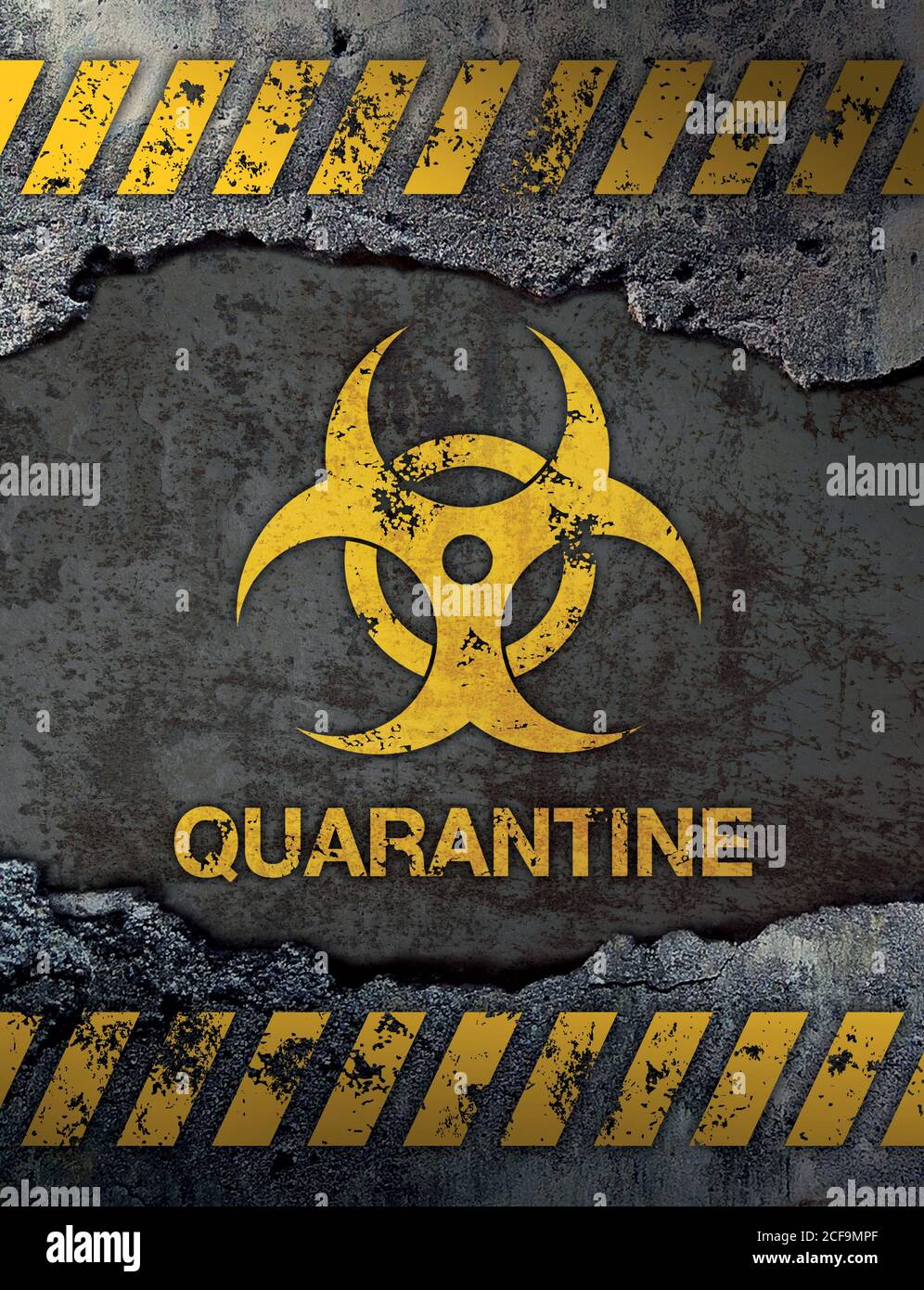 Quarantine sign on concrete cement wall background Stock Photo
