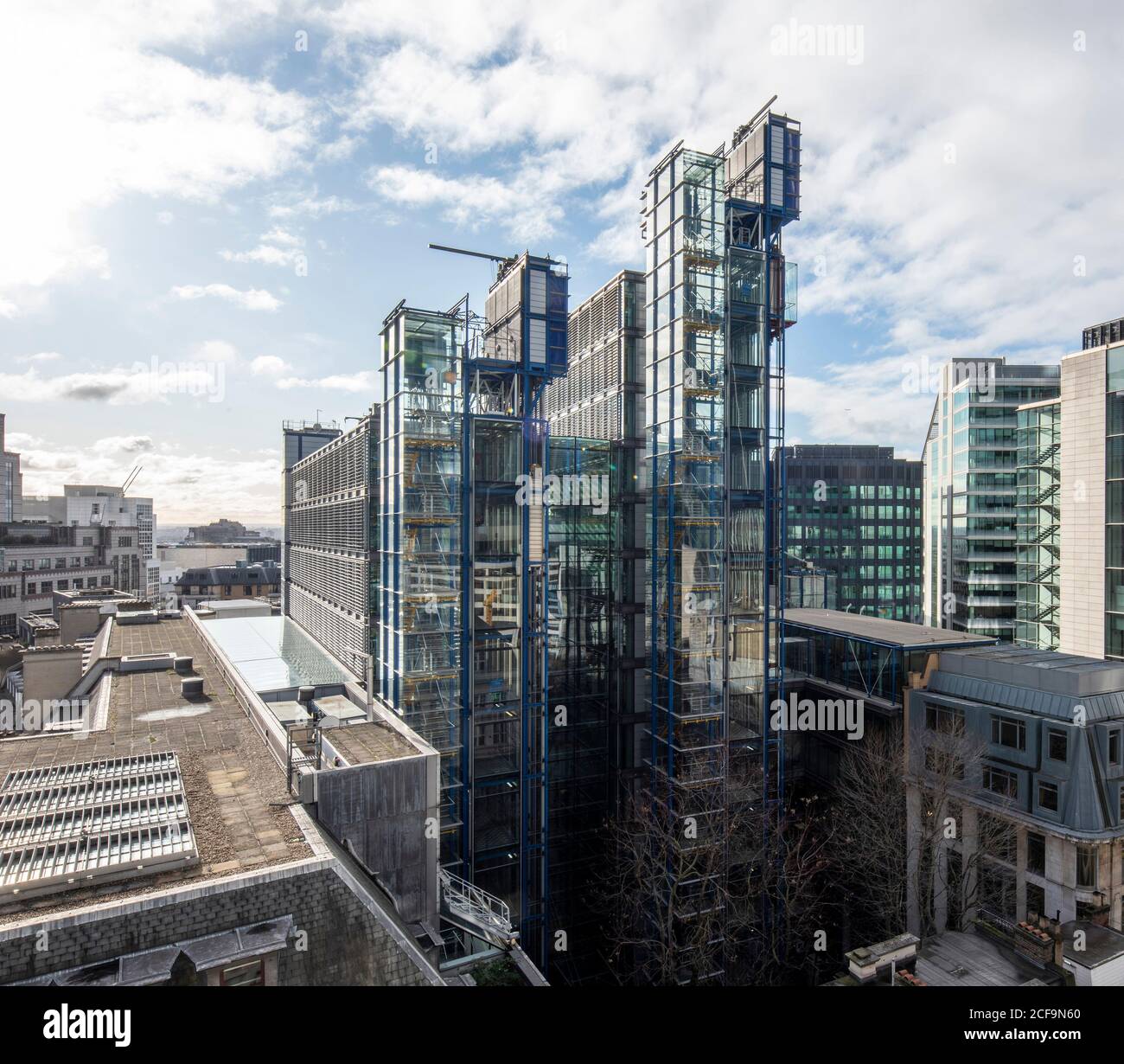 Elevated view of Rogers Stirk Harbour towers on LRS showing glazed elevator and stair cores. Lloyd's Register of Shipping, London, United Kingdom. Arc Stock Photo