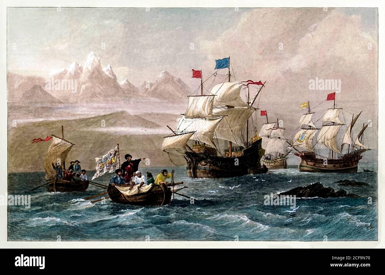 Discovery of the Strait of Magellan 1520 by the Spanish expedition to the East Indies lead by Ferdinand Magellan from 1519 to 1522 during his global circumnavigation voyage. Hand coloured engraving published based on a painting by Oswald Walters Brierly (1817-1894). Stock Photo